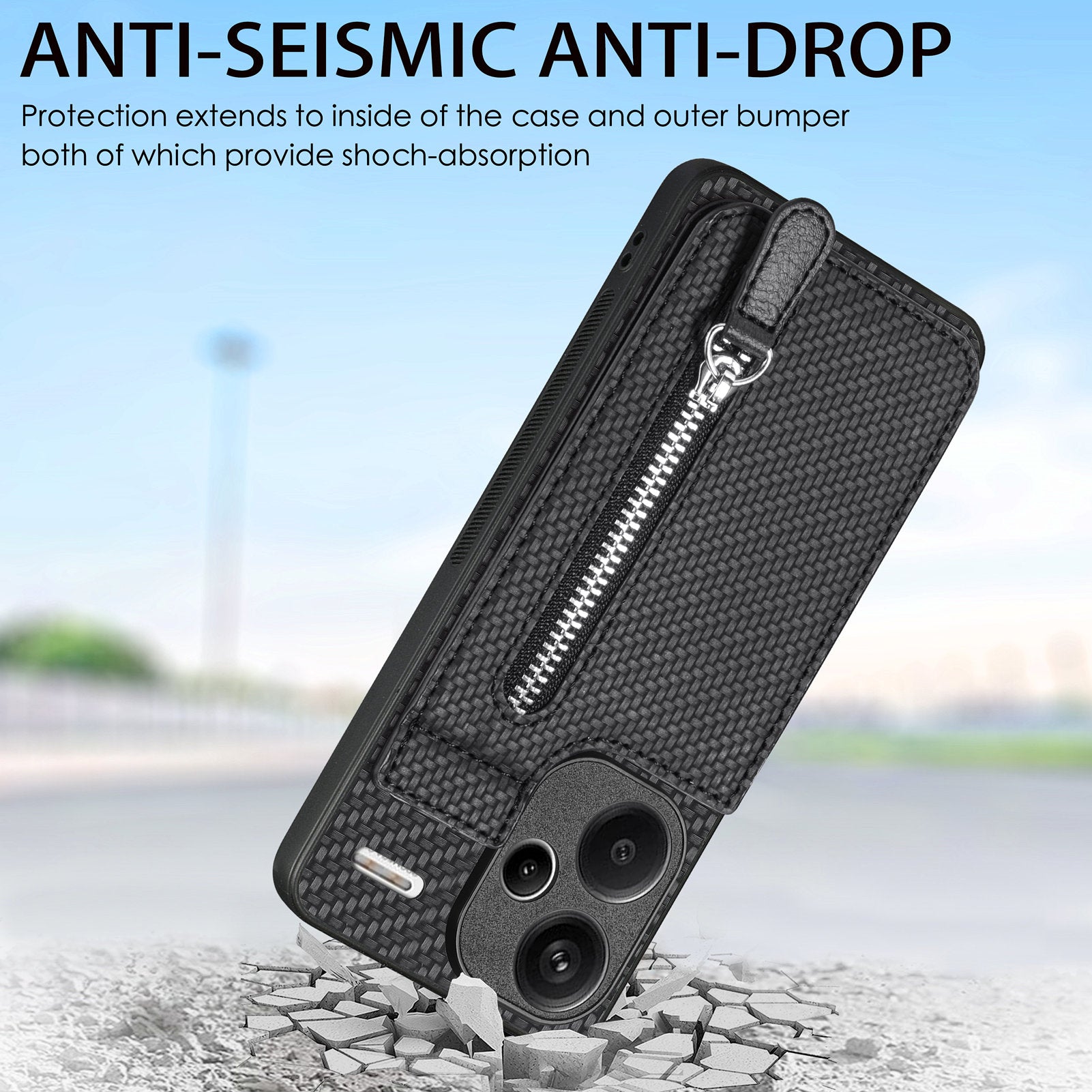 C1-03 For Xiaomi Redmi Note 13 Pro+ 5G Case Zipper Pocket Vertical Kickstand Carbon Fiber Phone Cover