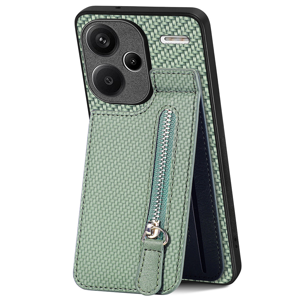 C1-03 For Xiaomi Redmi Note 13 Pro+ 5G Case Zipper Pocket Vertical Kickstand Carbon Fiber Phone Cover