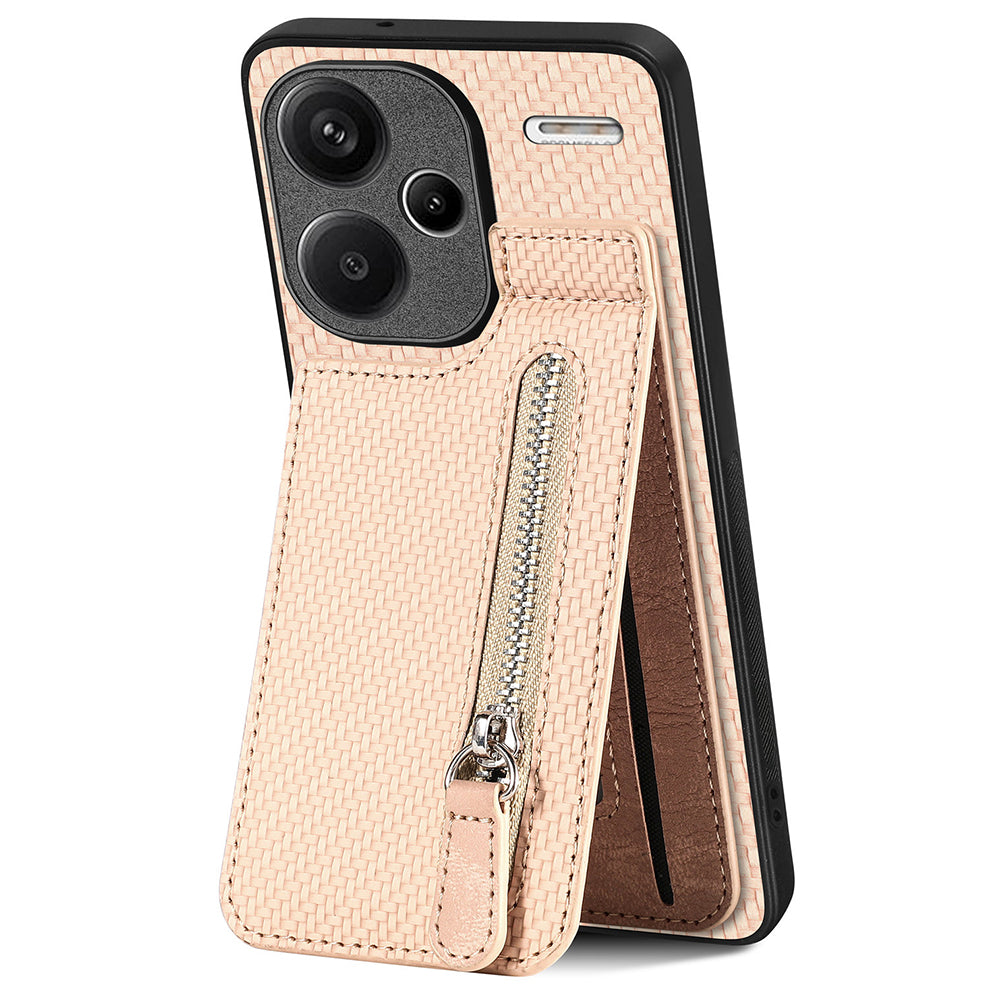 C1-03 For Xiaomi Redmi Note 13 Pro+ 5G Case Zipper Pocket Vertical Kickstand Carbon Fiber Phone Cover