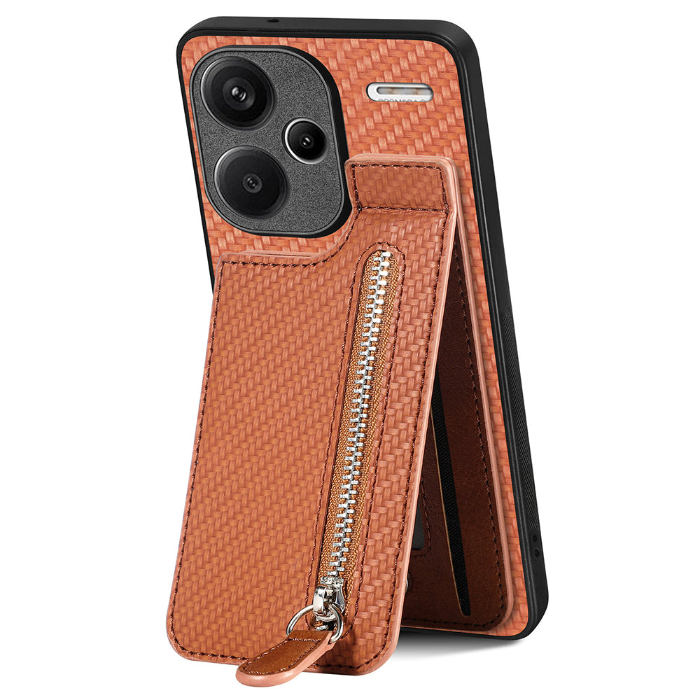 C1-03 For Xiaomi Redmi Note 13 Pro+ 5G Case Zipper Pocket Vertical Kickstand Carbon Fiber Phone Cover