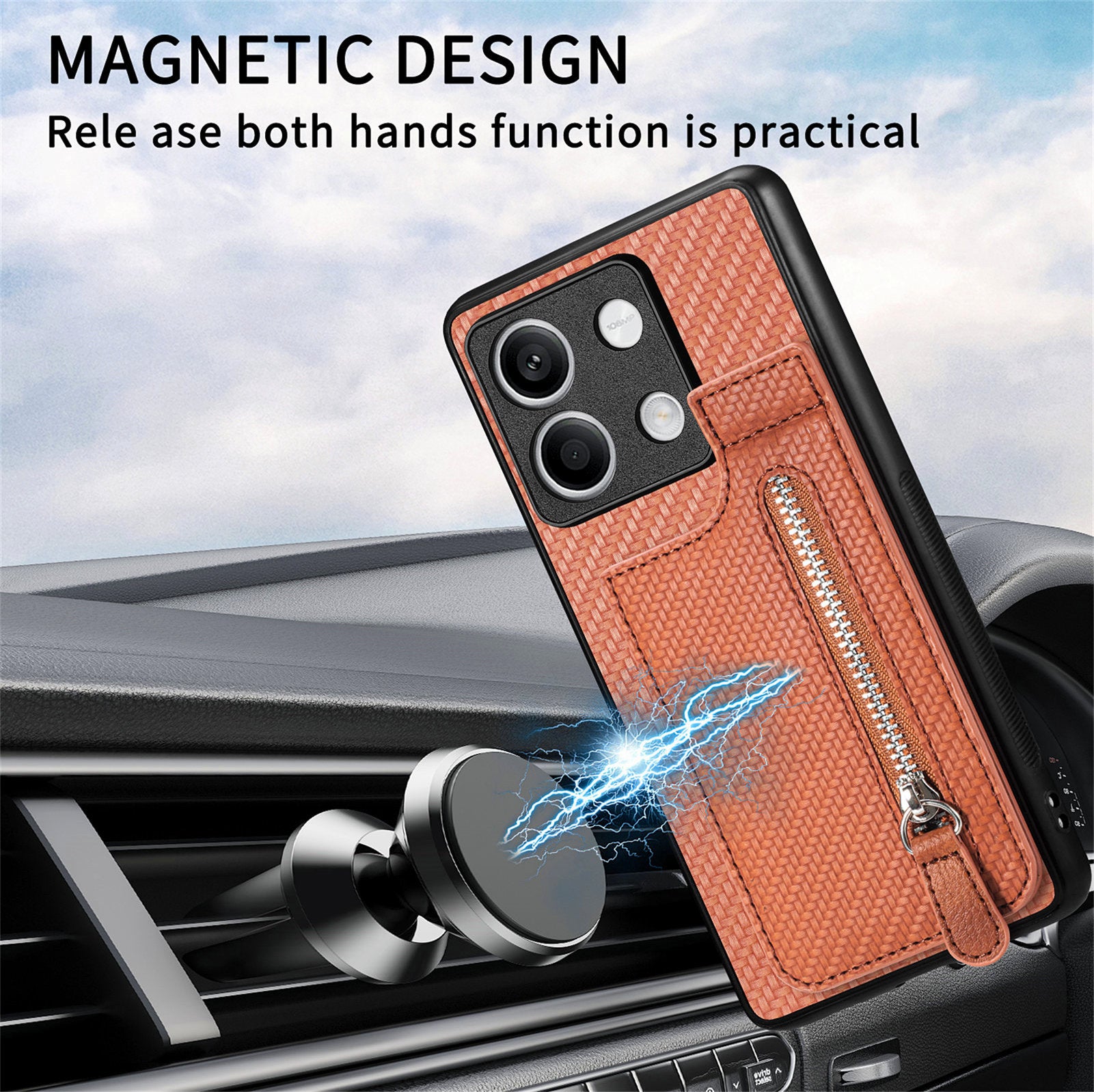 C1-03 For Xiaomi Redmi Note 13 5G Shockproof Case Zipper Pocket Carbon Fiber Protective Back Cover