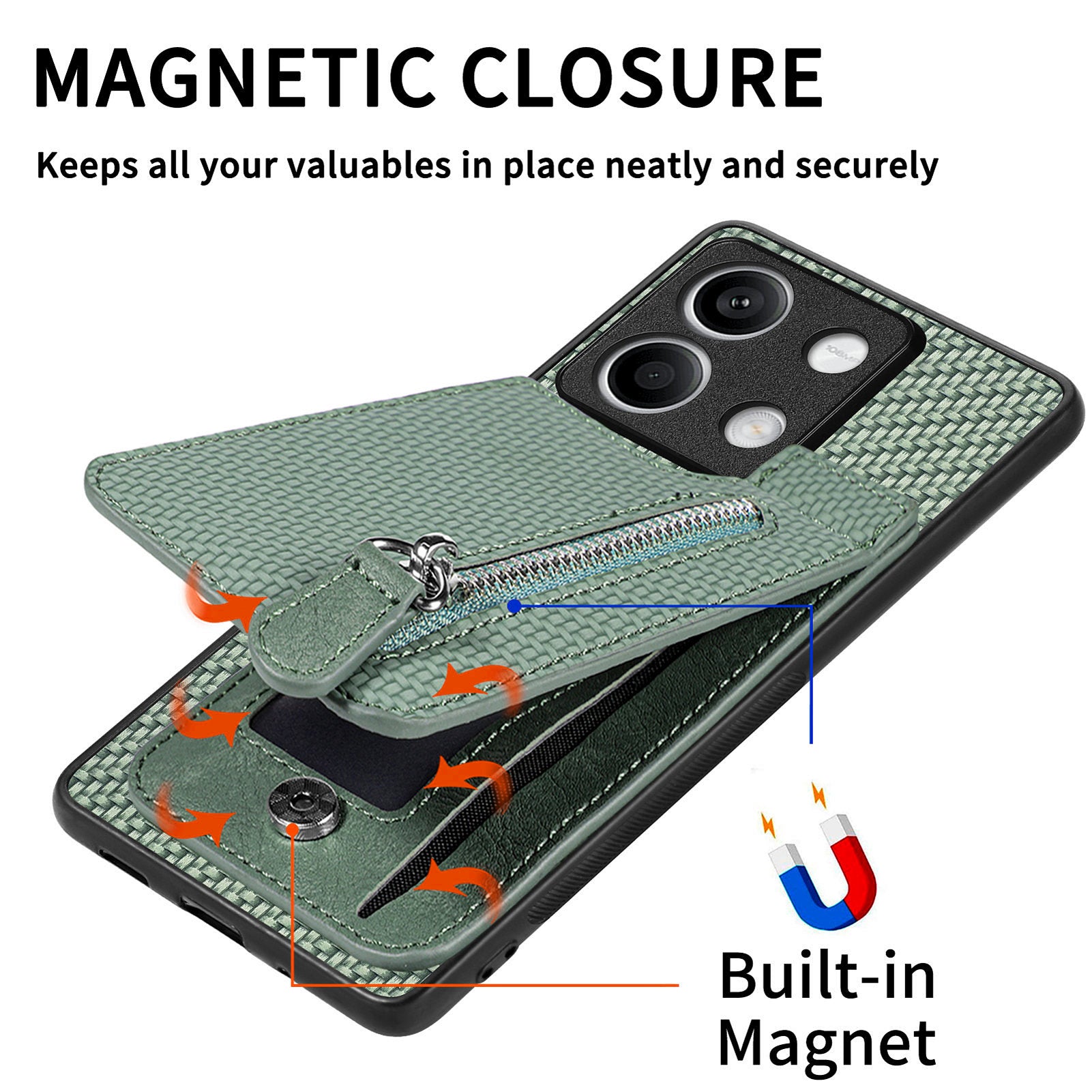 C1-03 For Xiaomi Redmi Note 13 5G Shockproof Case Zipper Pocket Carbon Fiber Protective Back Cover
