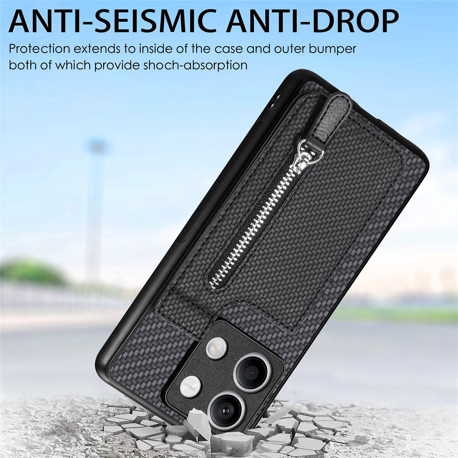 C1-03 For Xiaomi Redmi Note 13 5G Shockproof Case Zipper Pocket Carbon Fiber Protective Back Cover