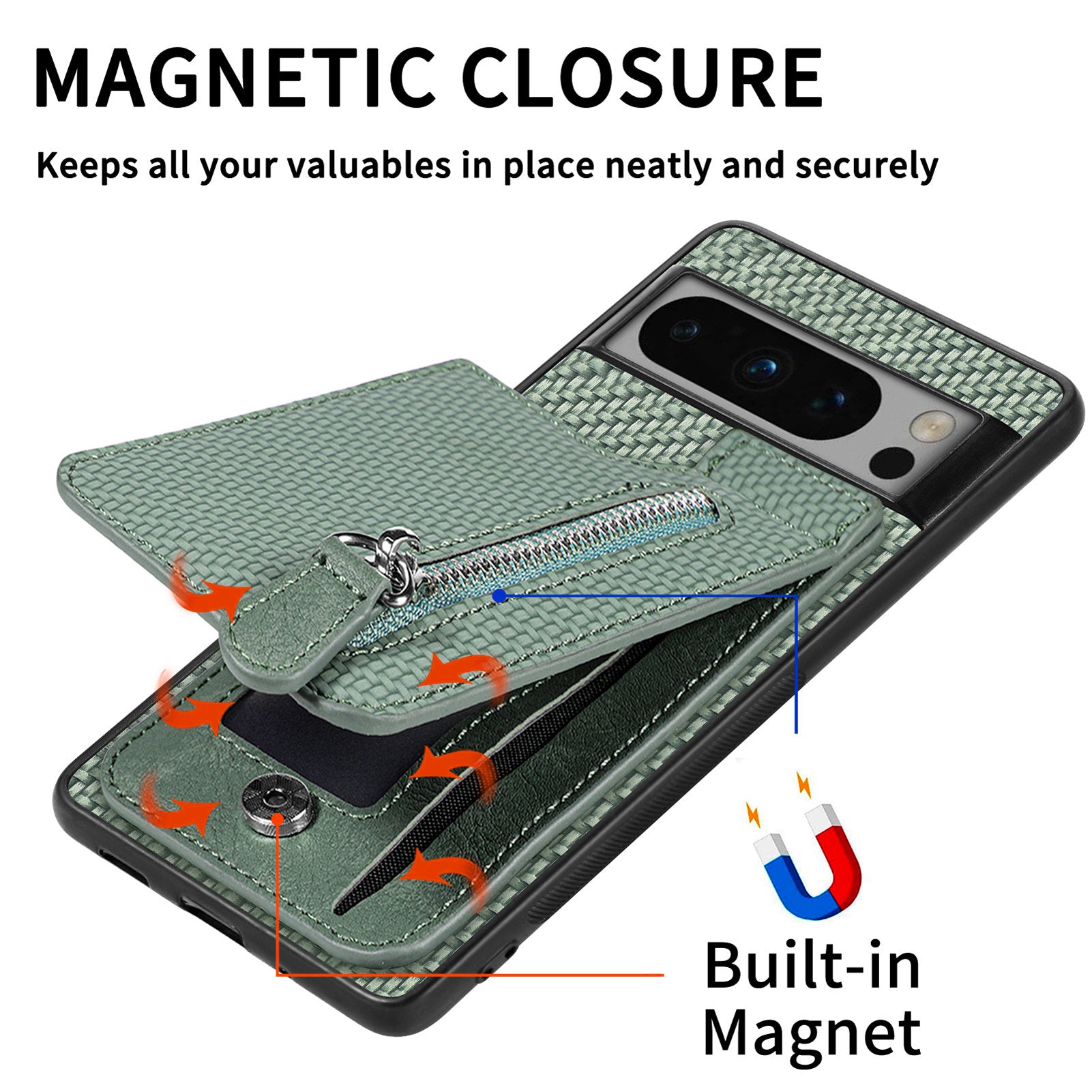 C1-03 For Google Pixel 8 Pro Case Zipper Pocket PU Leather+TPU+PC Phone Cover