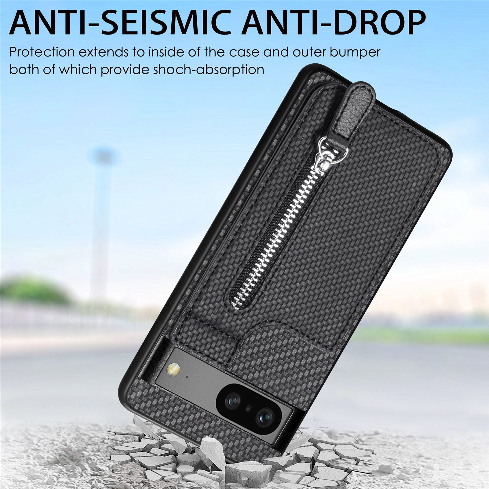 C1-03 For Google Pixel 7a Case Card Slots Vertical Kickstand Carbon Fiber Phone Cover