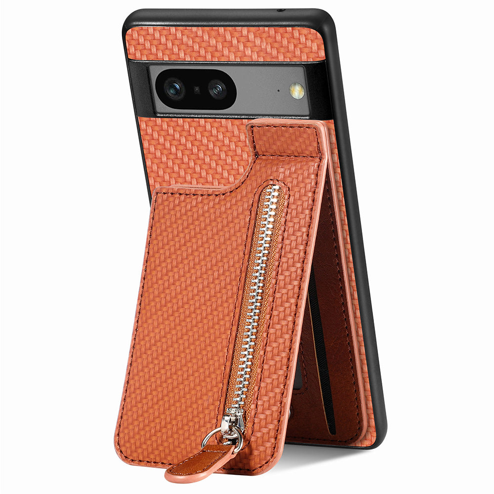 C1-03 For Google Pixel 7a Case Card Slots Vertical Kickstand Carbon Fiber Phone Cover
