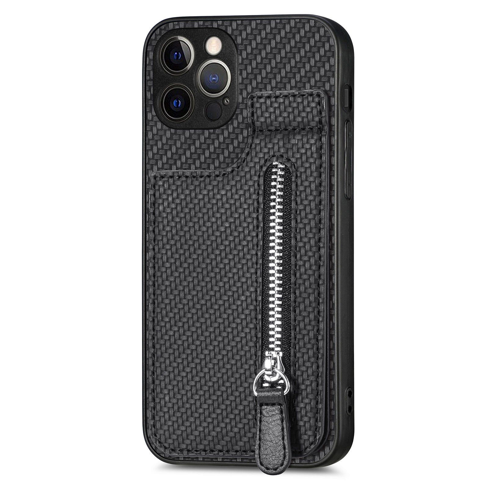 C1-03 For iPhone 12 Pro Max Case Carbon Fiber PU+TPU+PC Kickstand Phone Cover