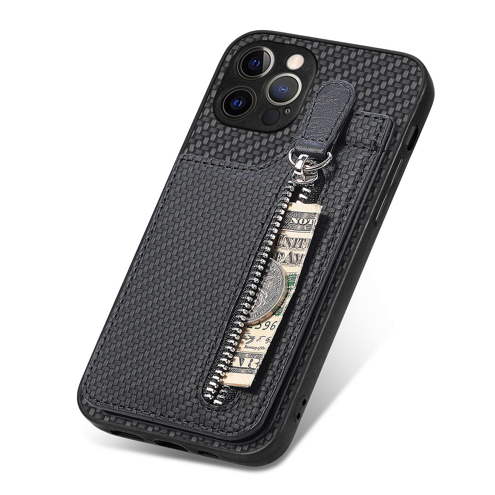 C1-03 For iPhone 12 Pro Max Case Carbon Fiber PU+TPU+PC Kickstand Phone Cover