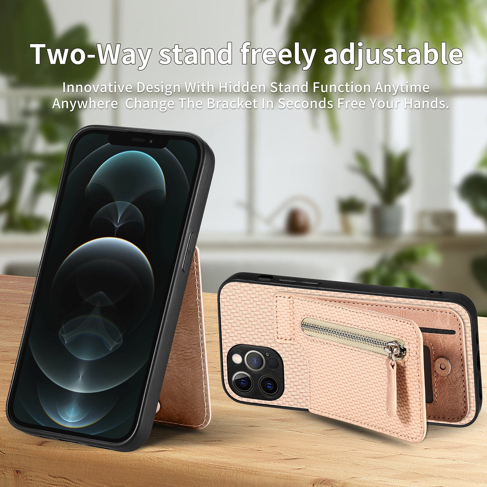 C1-03 For iPhone 12 Pro Max Case Carbon Fiber PU+TPU+PC Kickstand Phone Cover