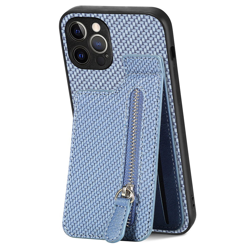 C1-03 For iPhone 12 Pro Max Case Carbon Fiber PU+TPU+PC Kickstand Phone Cover