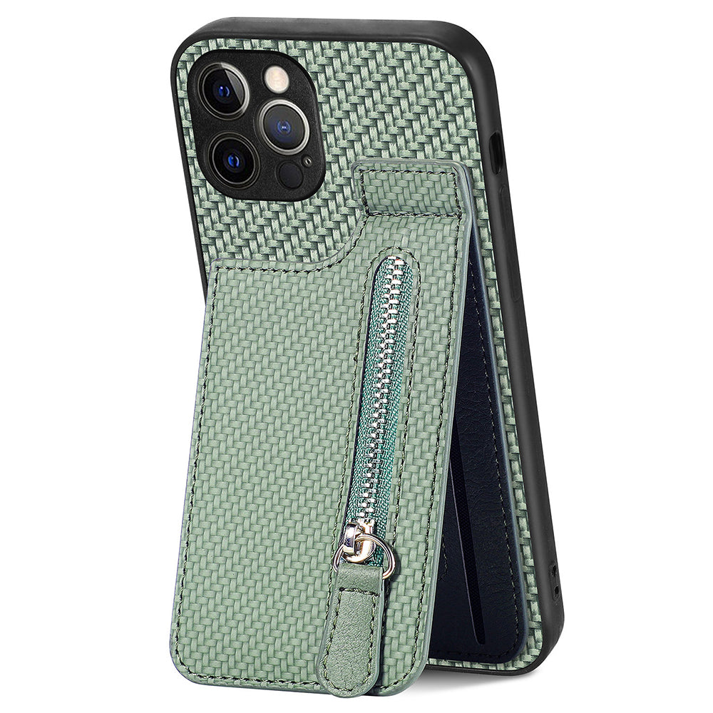 C1-03 For iPhone 12 Pro Max Case Carbon Fiber PU+TPU+PC Kickstand Phone Cover