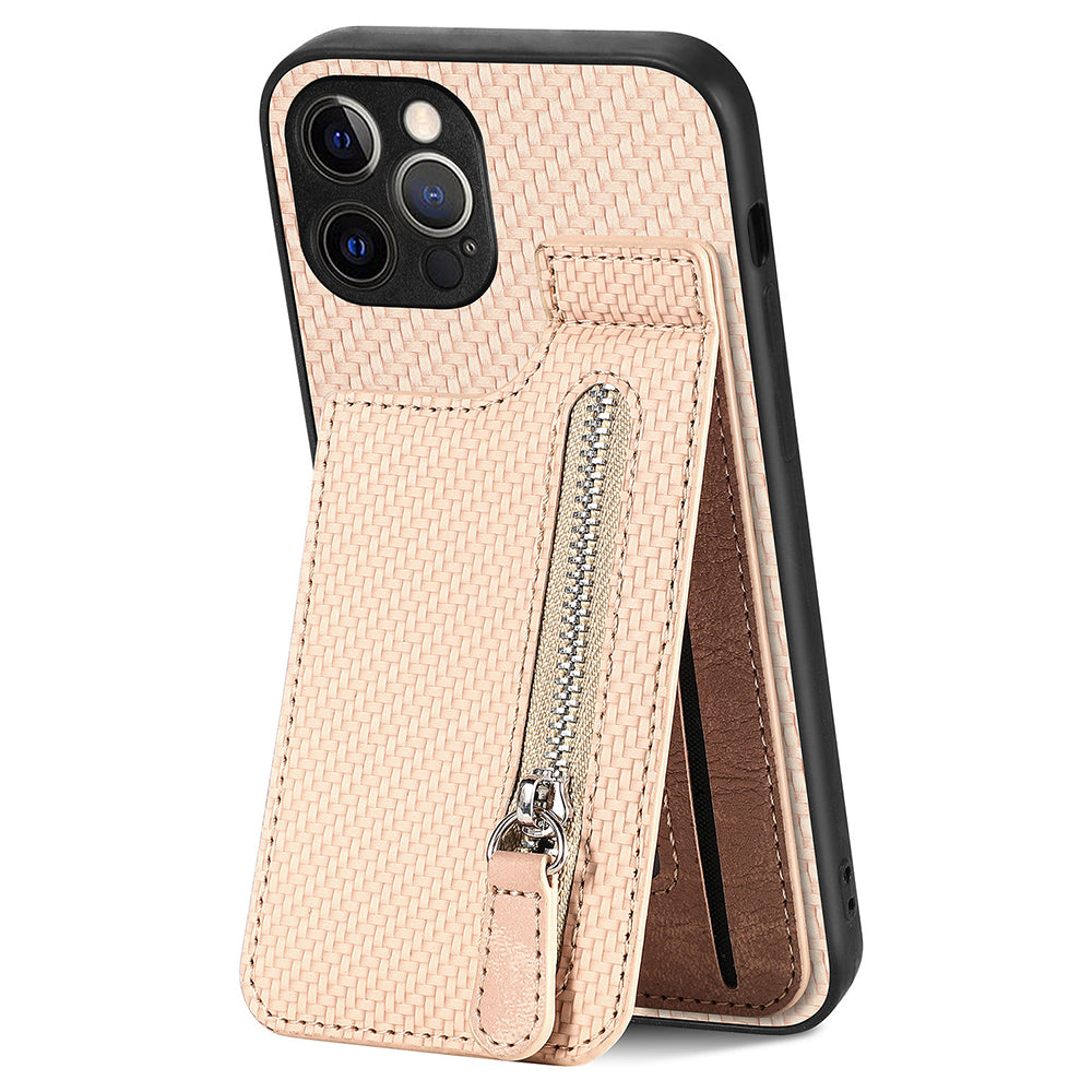 C1-03 For iPhone 12 Pro Max Case Carbon Fiber PU+TPU+PC Kickstand Phone Cover