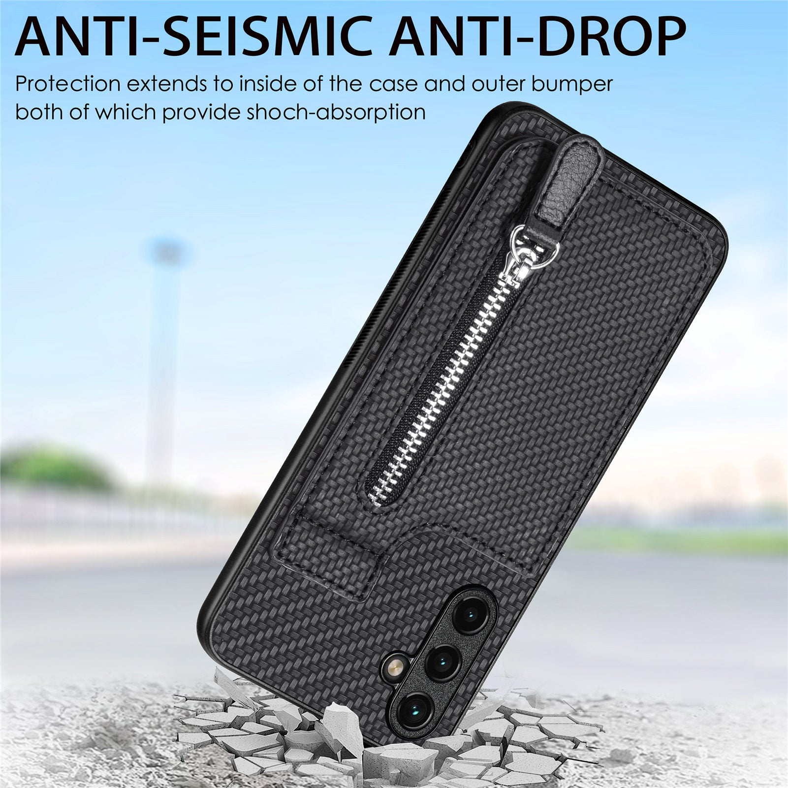 C1-03 For Samsung Galaxy A15 4G / A15 5G Case Vertical Kickstand Carbon Fiber Bump Proof Phone Cover