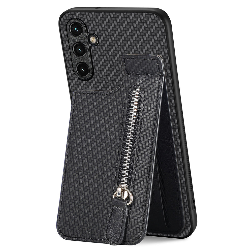 C1-03 For Samsung Galaxy A34 5G Case Zipper Pocket Carbon Fiber Protective Shell with Vertical Kickstand