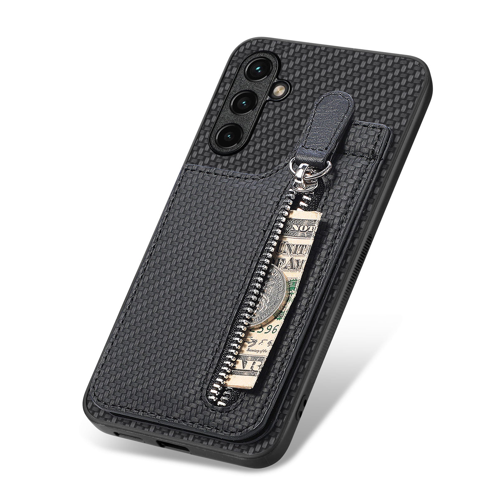 C1-03 For Samsung Galaxy A34 5G Case Zipper Pocket Carbon Fiber Protective Shell with Vertical Kickstand