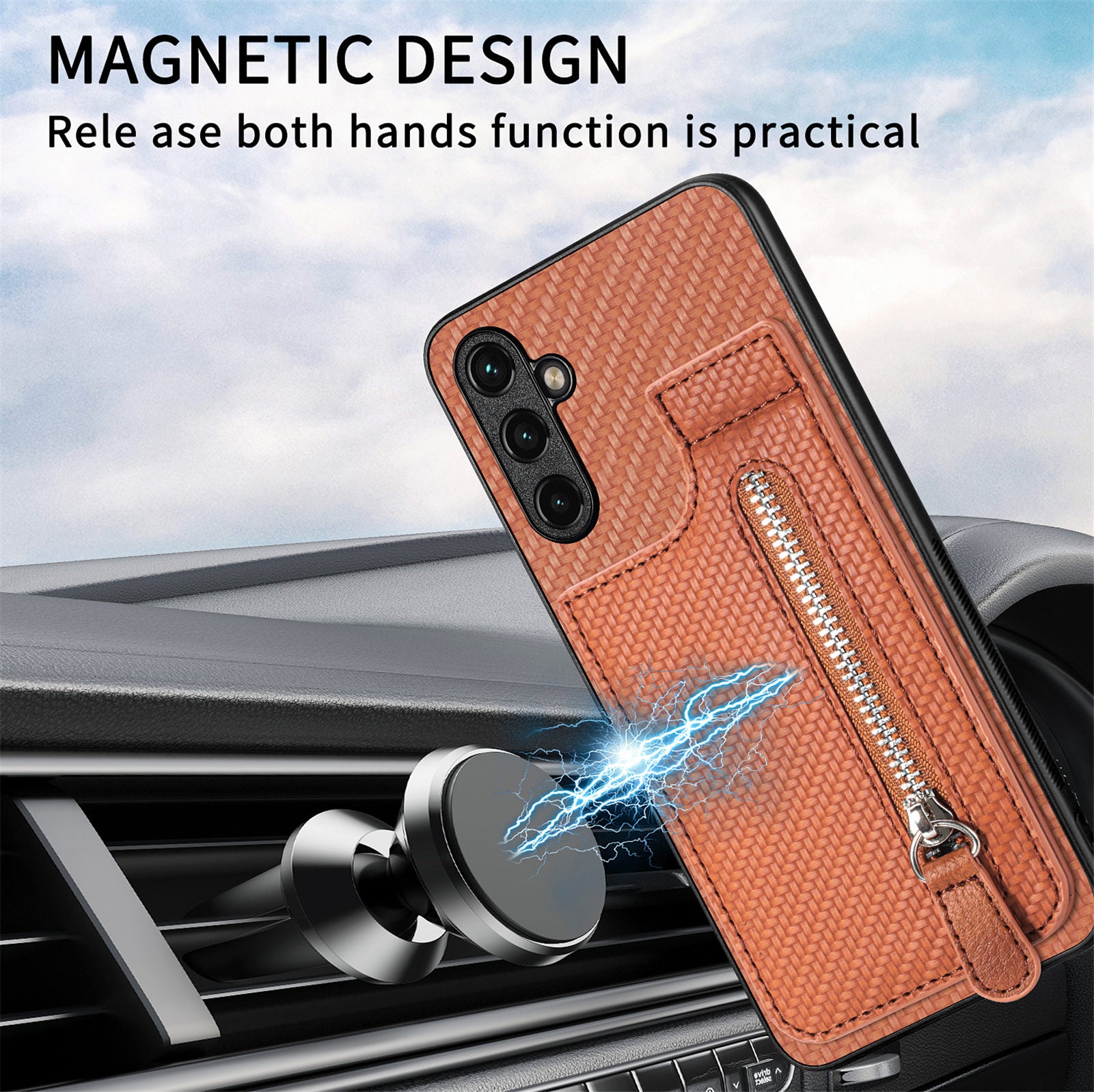 C1-03 For Samsung Galaxy A34 5G Case Zipper Pocket Carbon Fiber Protective Shell with Vertical Kickstand