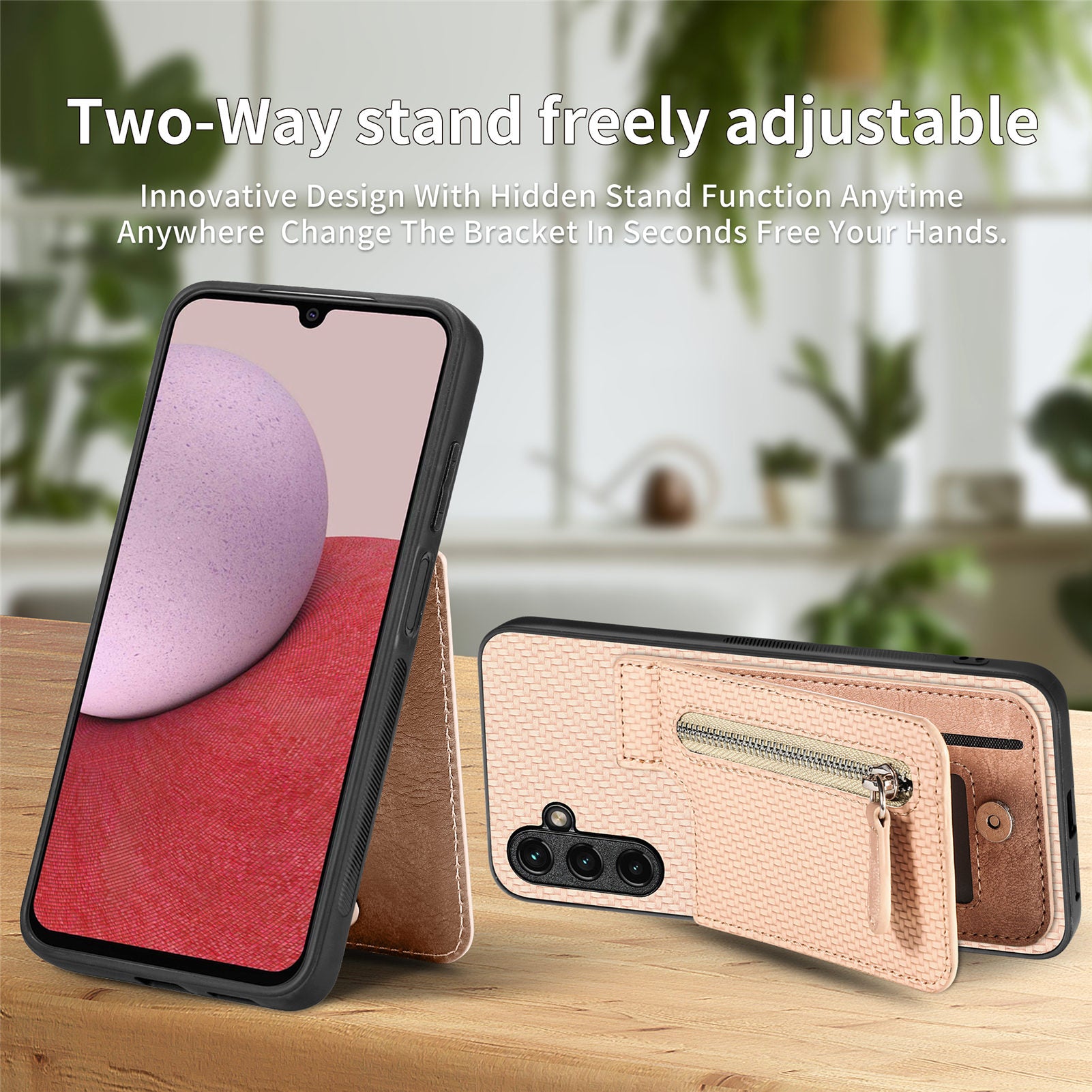C1-03 For Samsung Galaxy A34 5G Case Zipper Pocket Carbon Fiber Protective Shell with Vertical Kickstand