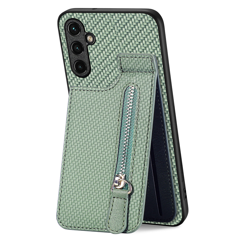 C1-03 For Samsung Galaxy A34 5G Case Zipper Pocket Carbon Fiber Protective Shell with Vertical Kickstand