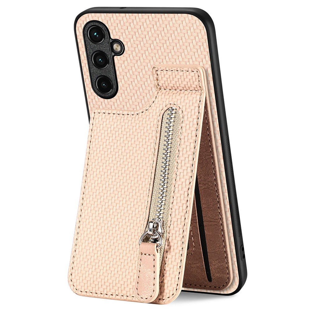 C1-03 For Samsung Galaxy A34 5G Case Zipper Pocket Carbon Fiber Protective Shell with Vertical Kickstand