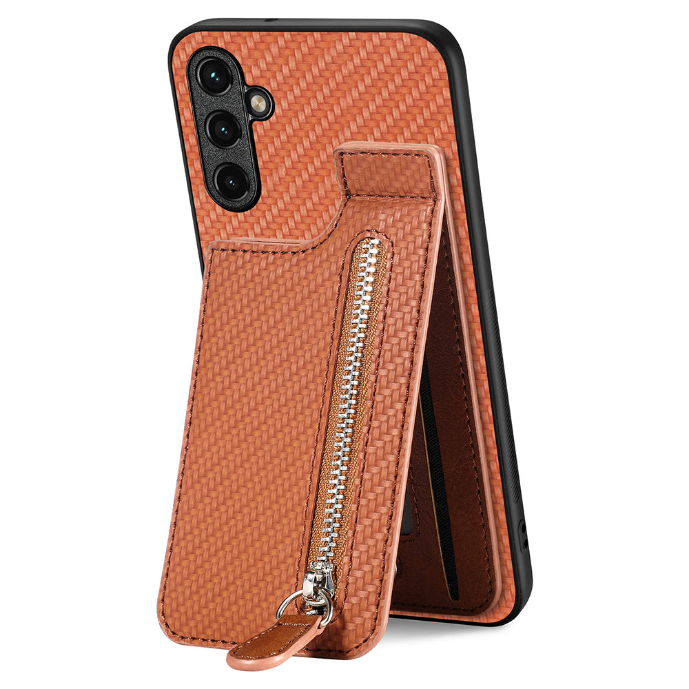 C1-03 For Samsung Galaxy A34 5G Case Zipper Pocket Carbon Fiber Protective Shell with Vertical Kickstand