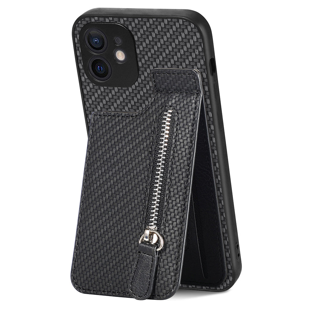 C1-03 For iPhone 12 6.1 inch Cell Phone Case Zipper Pocket Leather Coated TPU+PC Cover