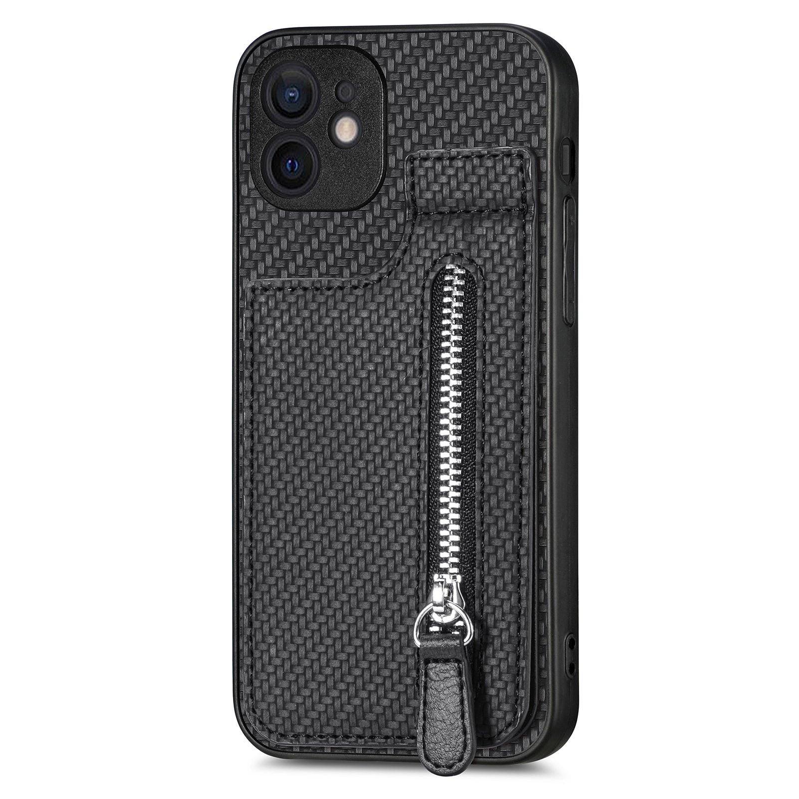 C1-03 For iPhone 12 6.1 inch Cell Phone Case Zipper Pocket Leather Coated TPU+PC Cover