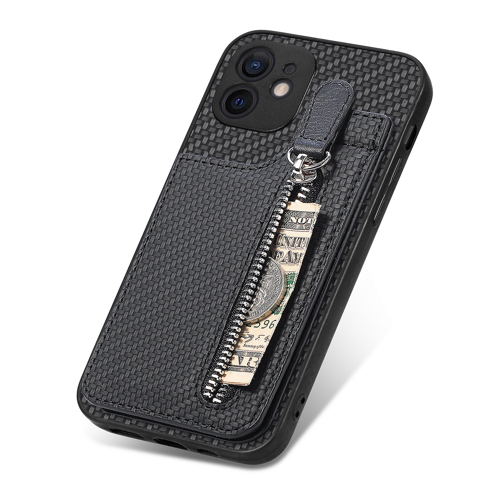 C1-03 For iPhone 12 6.1 inch Cell Phone Case Zipper Pocket Leather Coated TPU+PC Cover