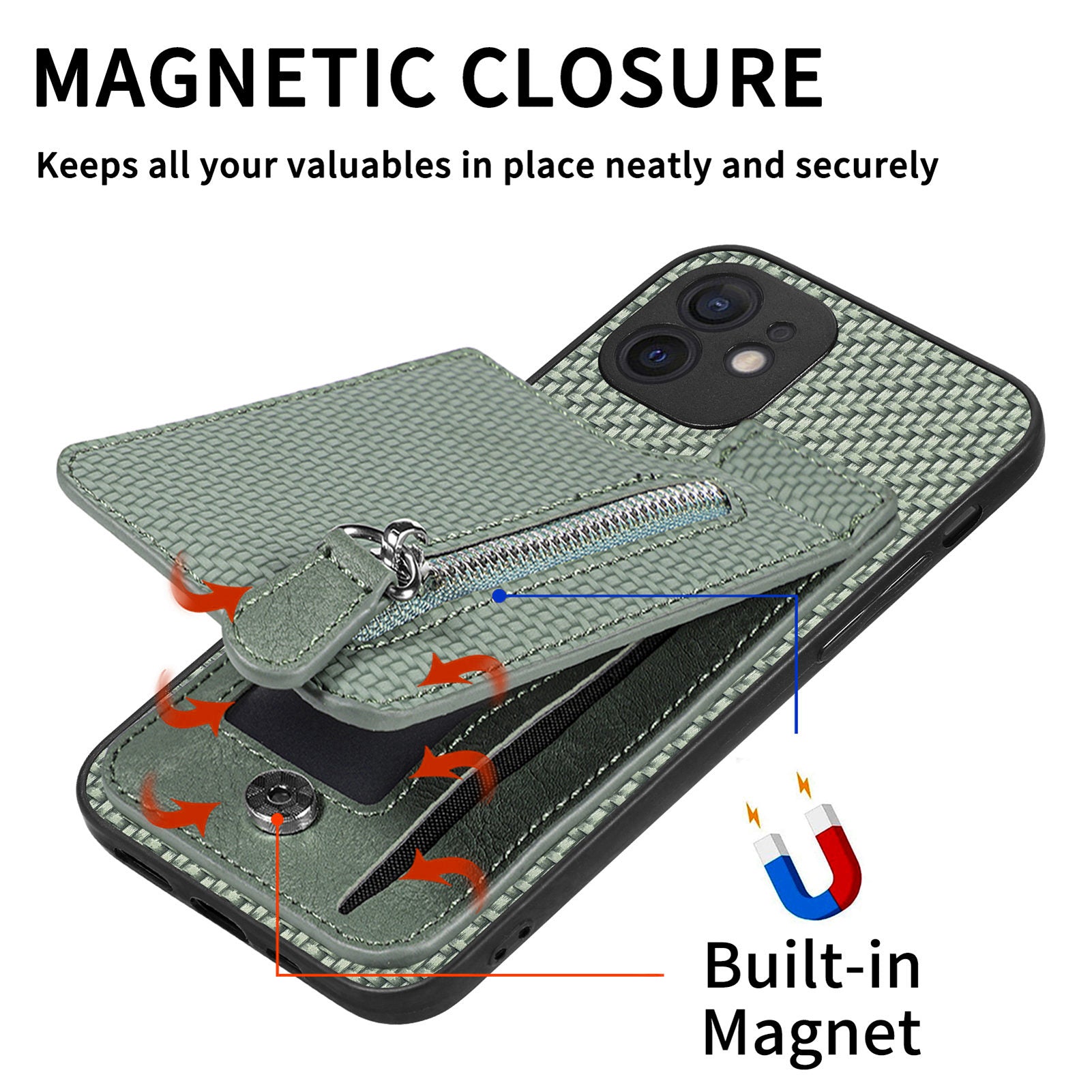 C1-03 For iPhone 12 6.1 inch Cell Phone Case Zipper Pocket Leather Coated TPU+PC Cover