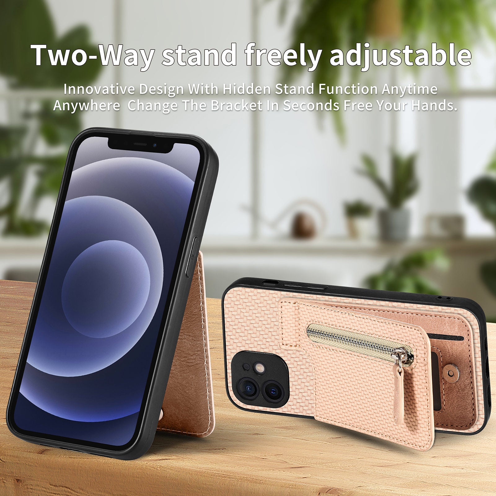 C1-03 For iPhone 12 6.1 inch Cell Phone Case Zipper Pocket Leather Coated TPU+PC Cover