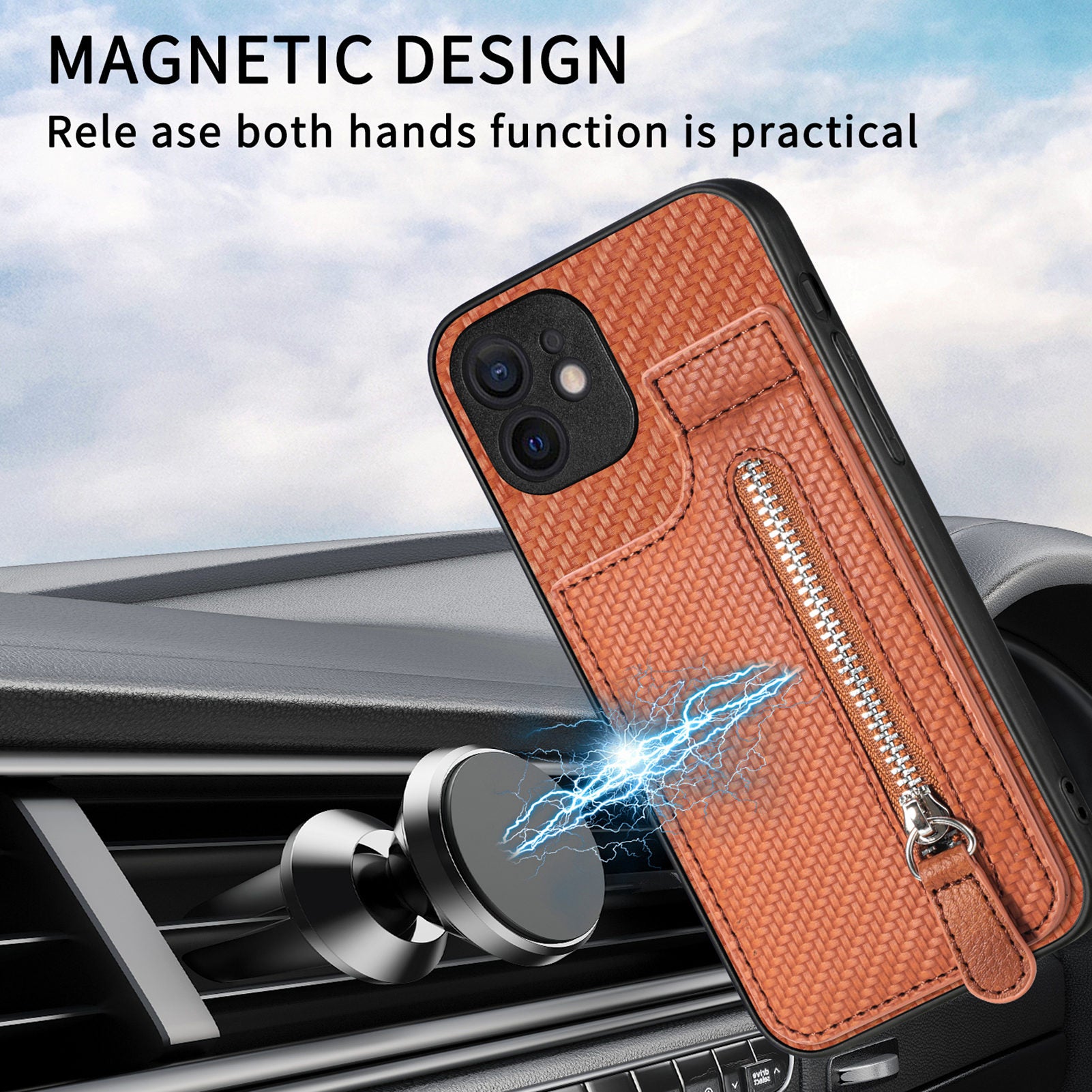C1-03 For iPhone 12 6.1 inch Cell Phone Case Zipper Pocket Leather Coated TPU+PC Cover