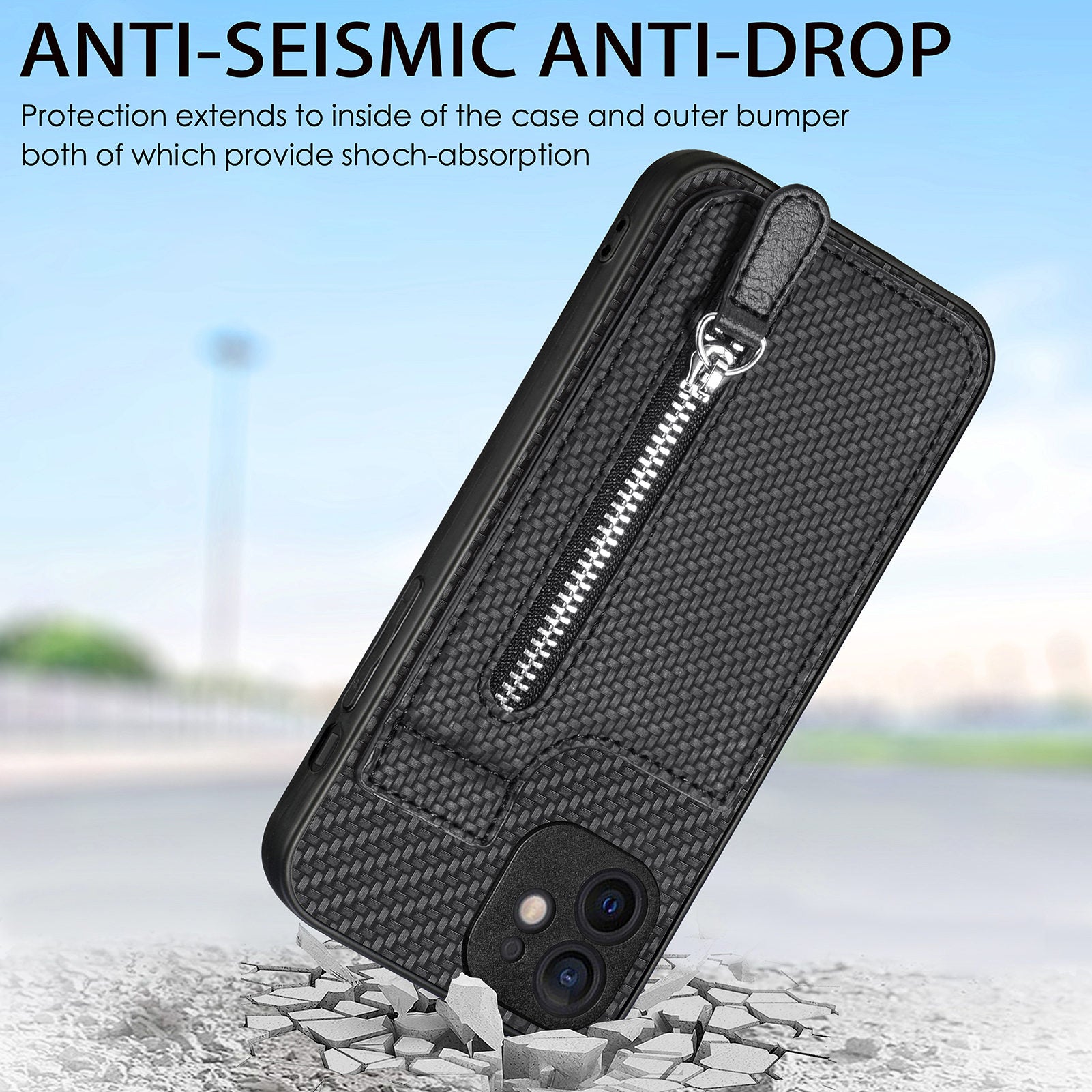 C1-03 For iPhone 12 6.1 inch Cell Phone Case Zipper Pocket Leather Coated TPU+PC Cover