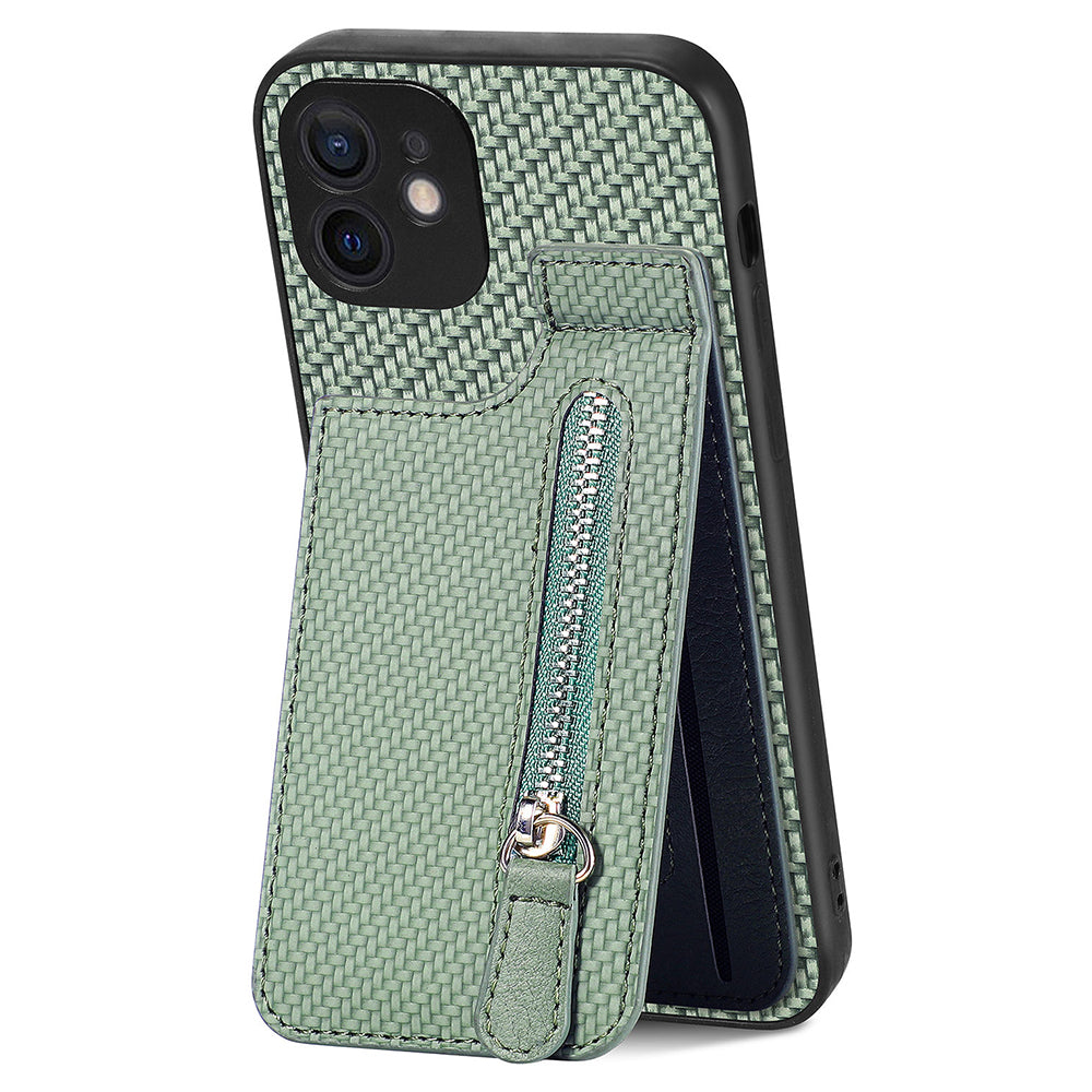 C1-03 For iPhone 12 6.1 inch Cell Phone Case Zipper Pocket Leather Coated TPU+PC Cover