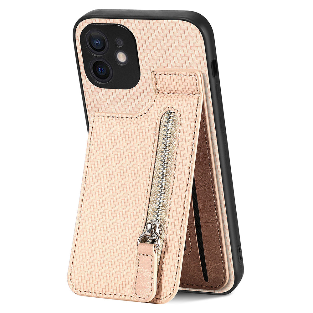 C1-03 For iPhone 12 6.1 inch Cell Phone Case Zipper Pocket Leather Coated TPU+PC Cover
