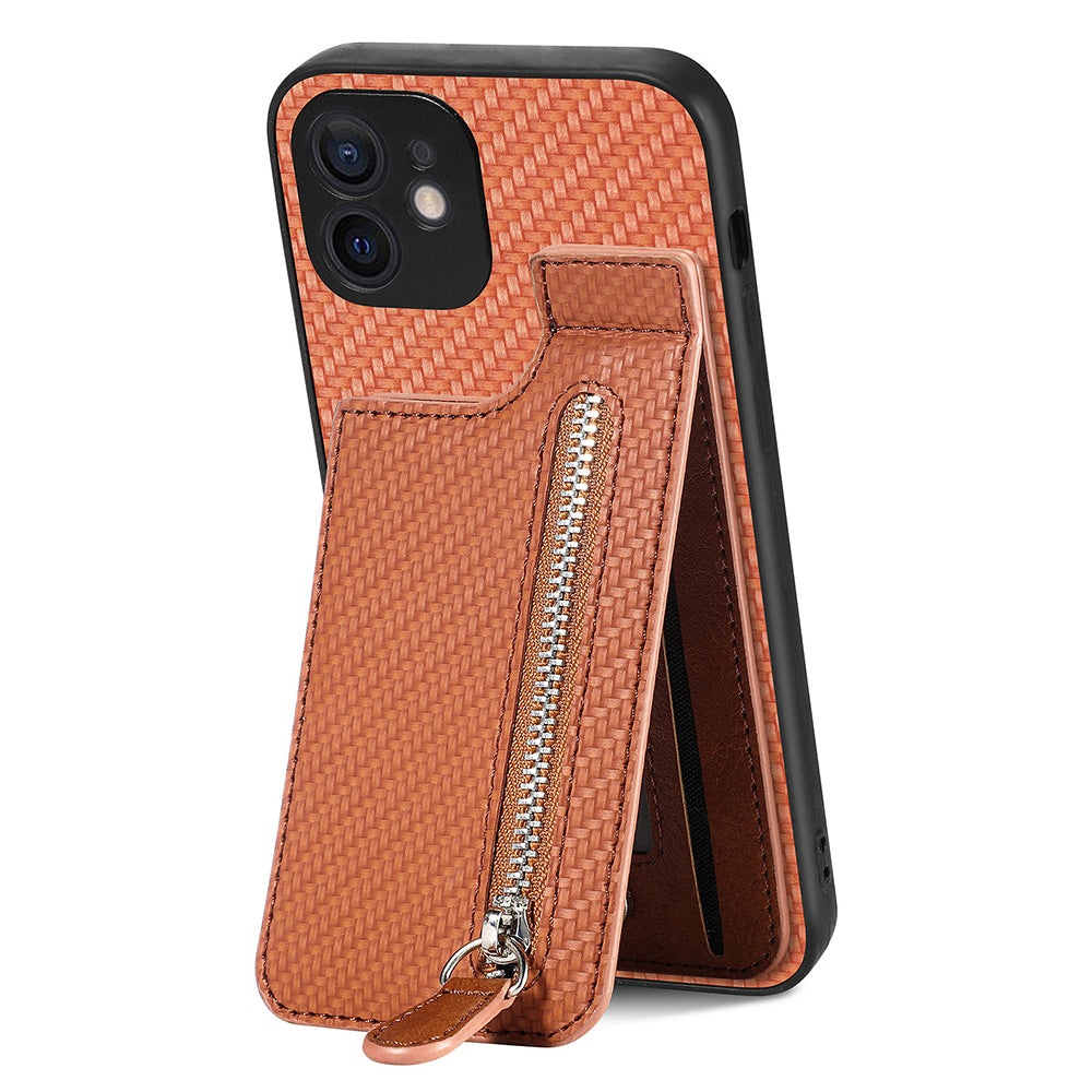 C1-03 For iPhone 12 6.1 inch Cell Phone Case Zipper Pocket Leather Coated TPU+PC Cover