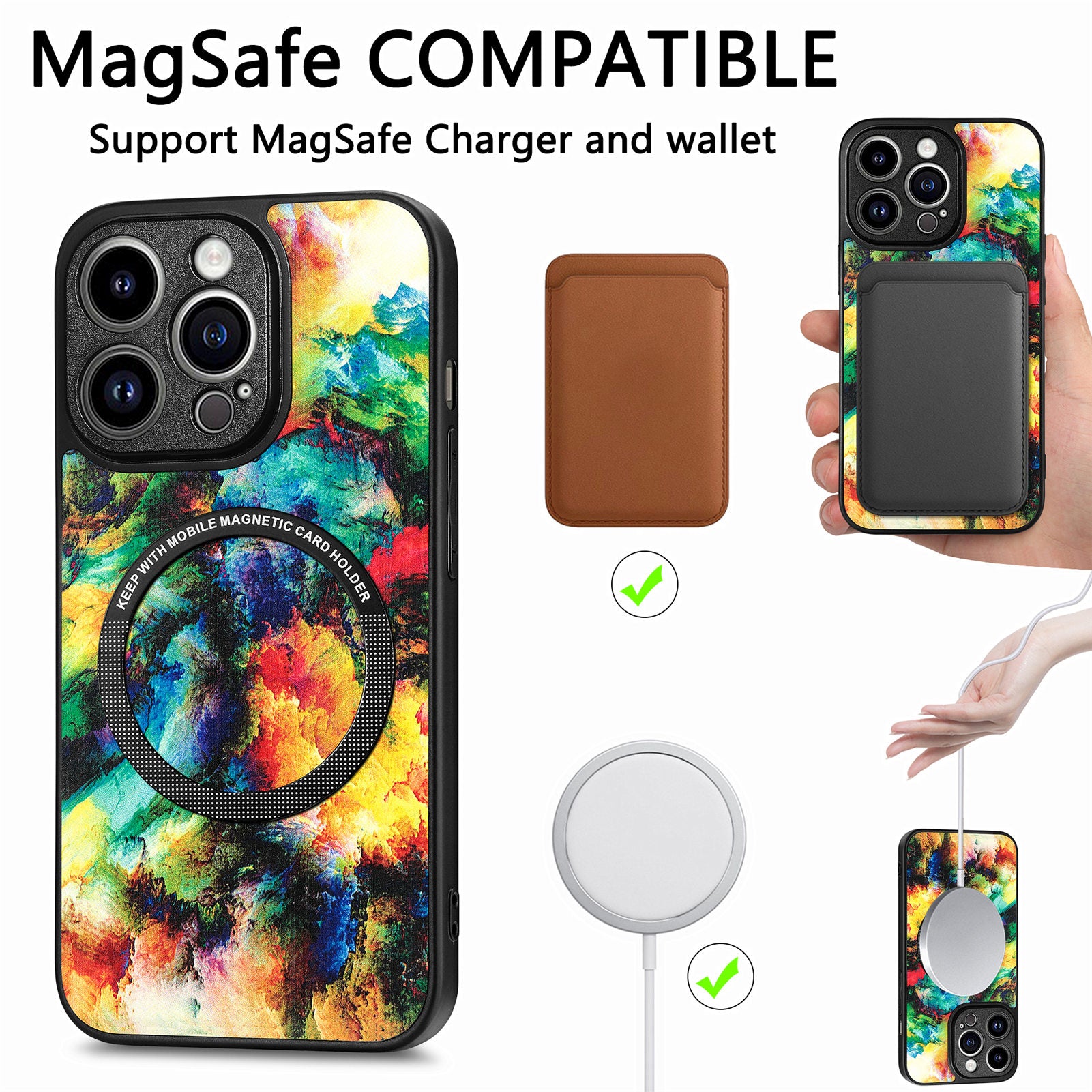 P1 for iPhone 13 Pro Max Case Pattern PU Leather+PC+TPU Phone Cover Compatible with MagSafe