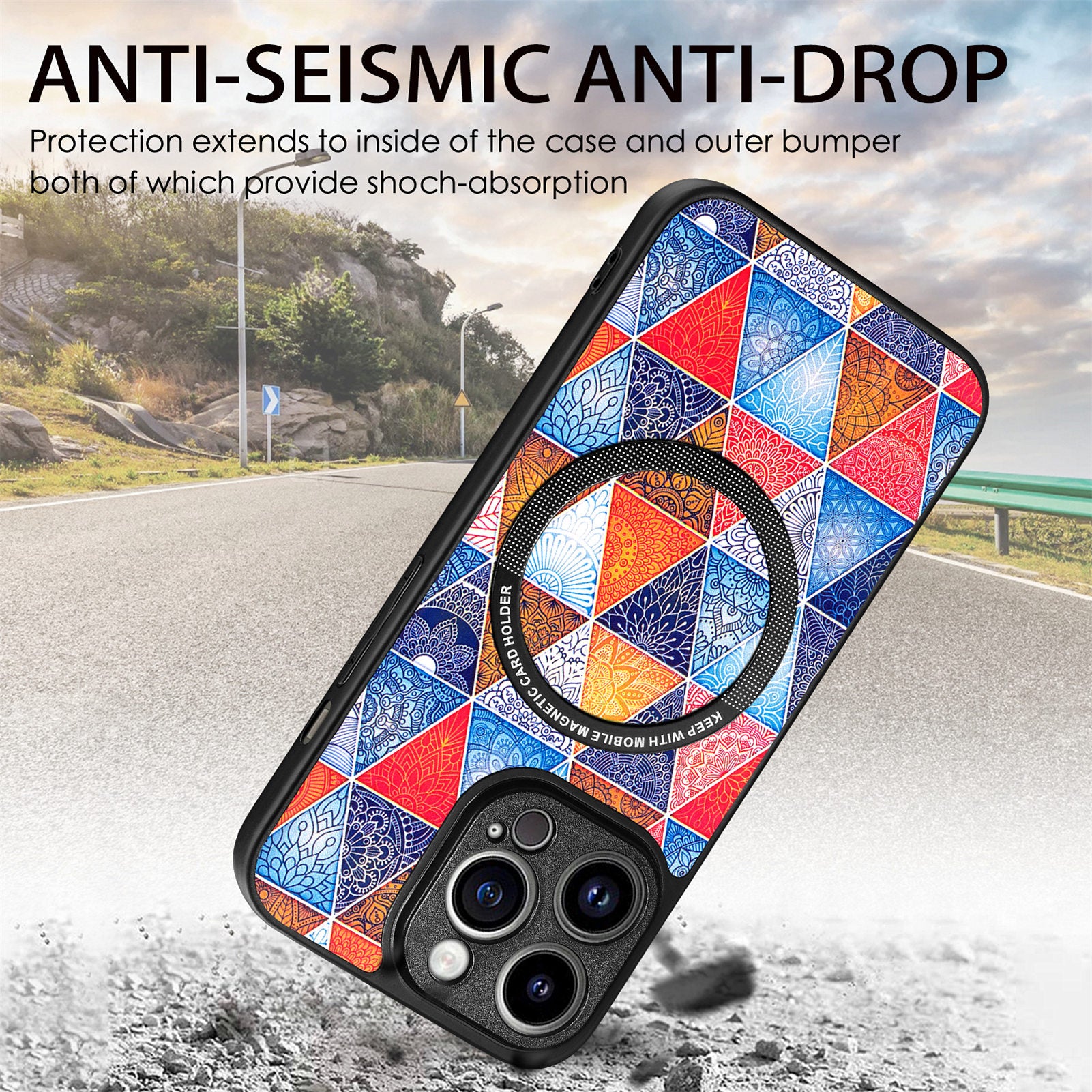 P1 for iPhone 13 Pro Max Case Pattern PU Leather+PC+TPU Phone Cover Compatible with MagSafe