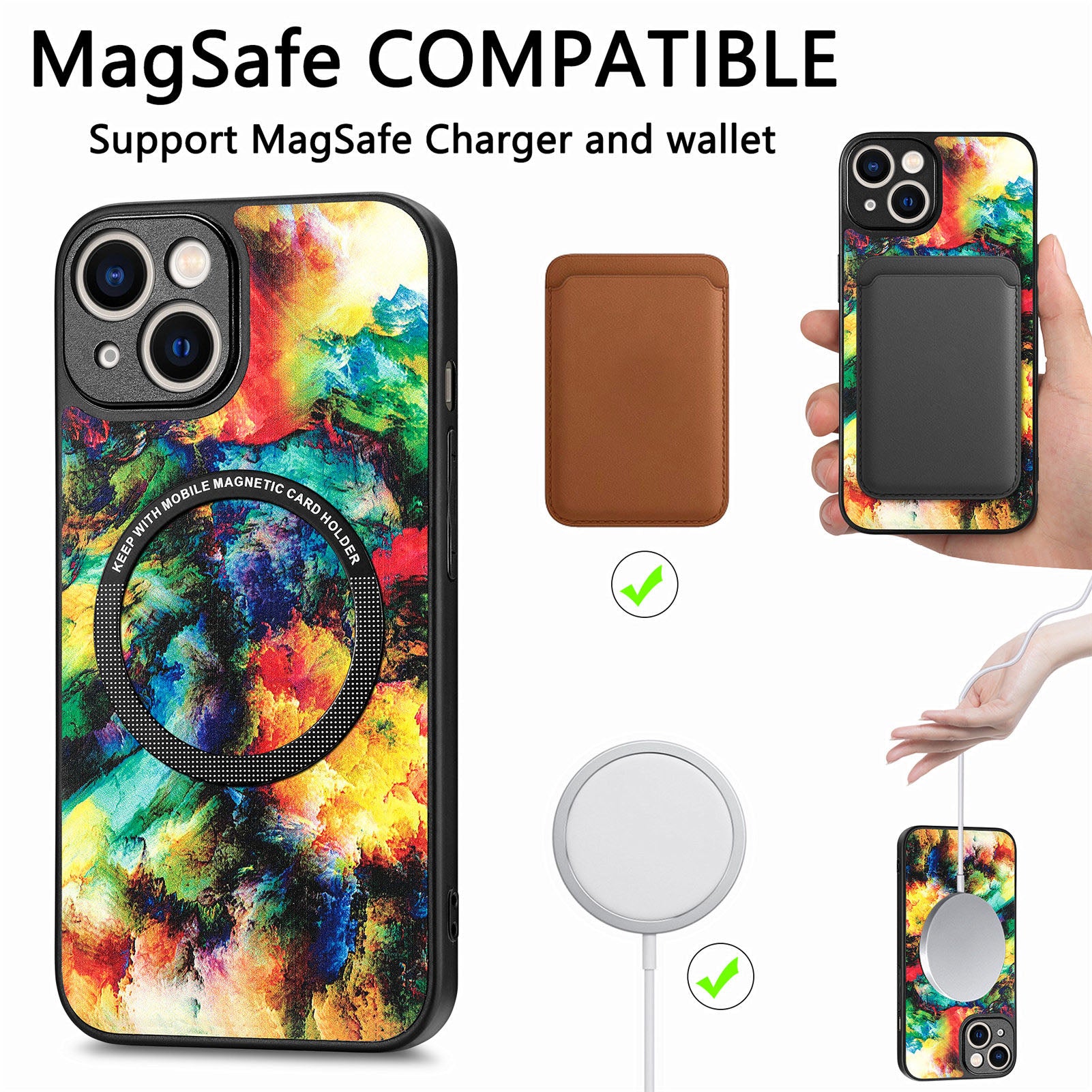 P1 For iPhone 13 Magnetic Case Pattern Printing Leather+TPU+PC Phone Cover