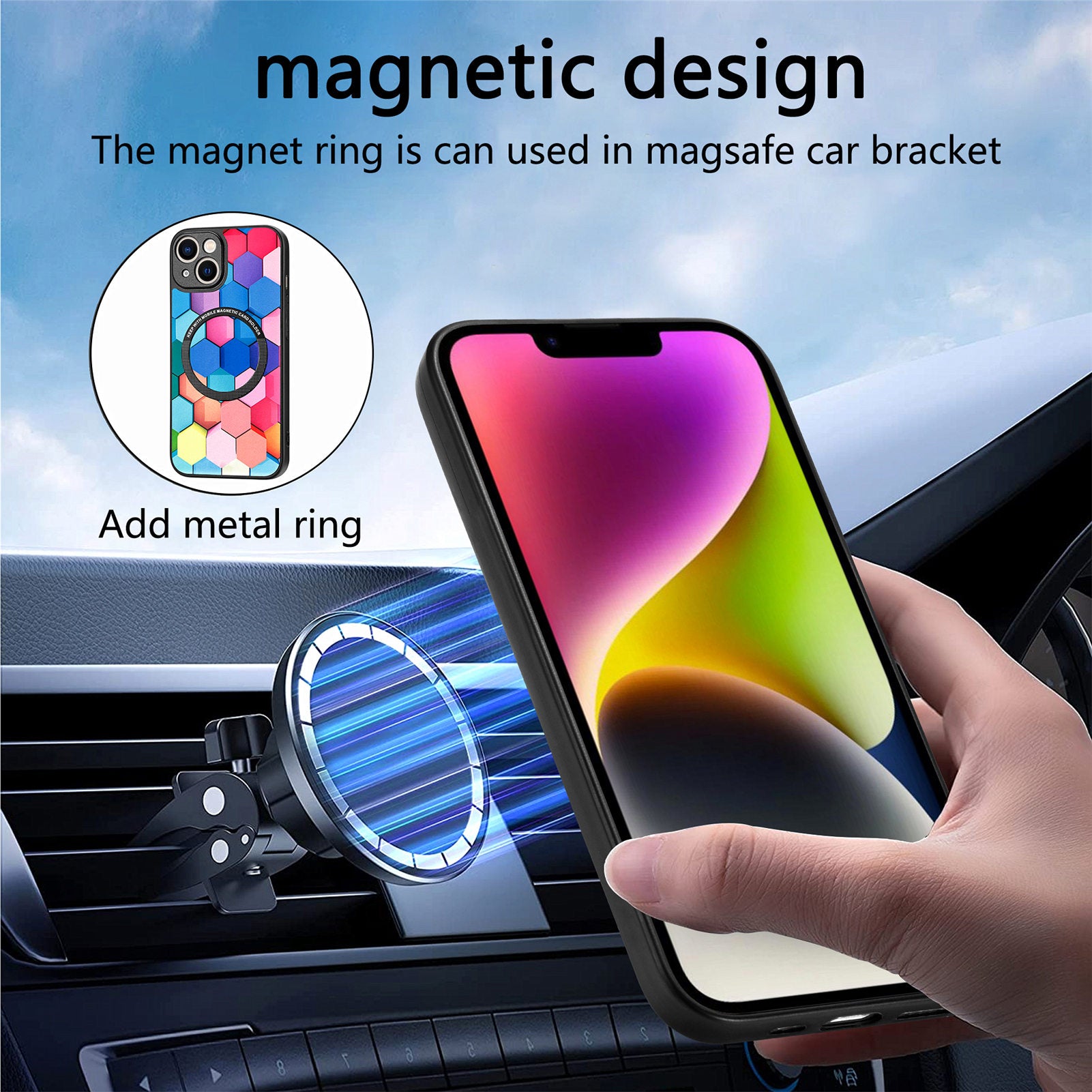 P1 For iPhone 13 Magnetic Case Pattern Printing Leather+TPU+PC Phone Cover
