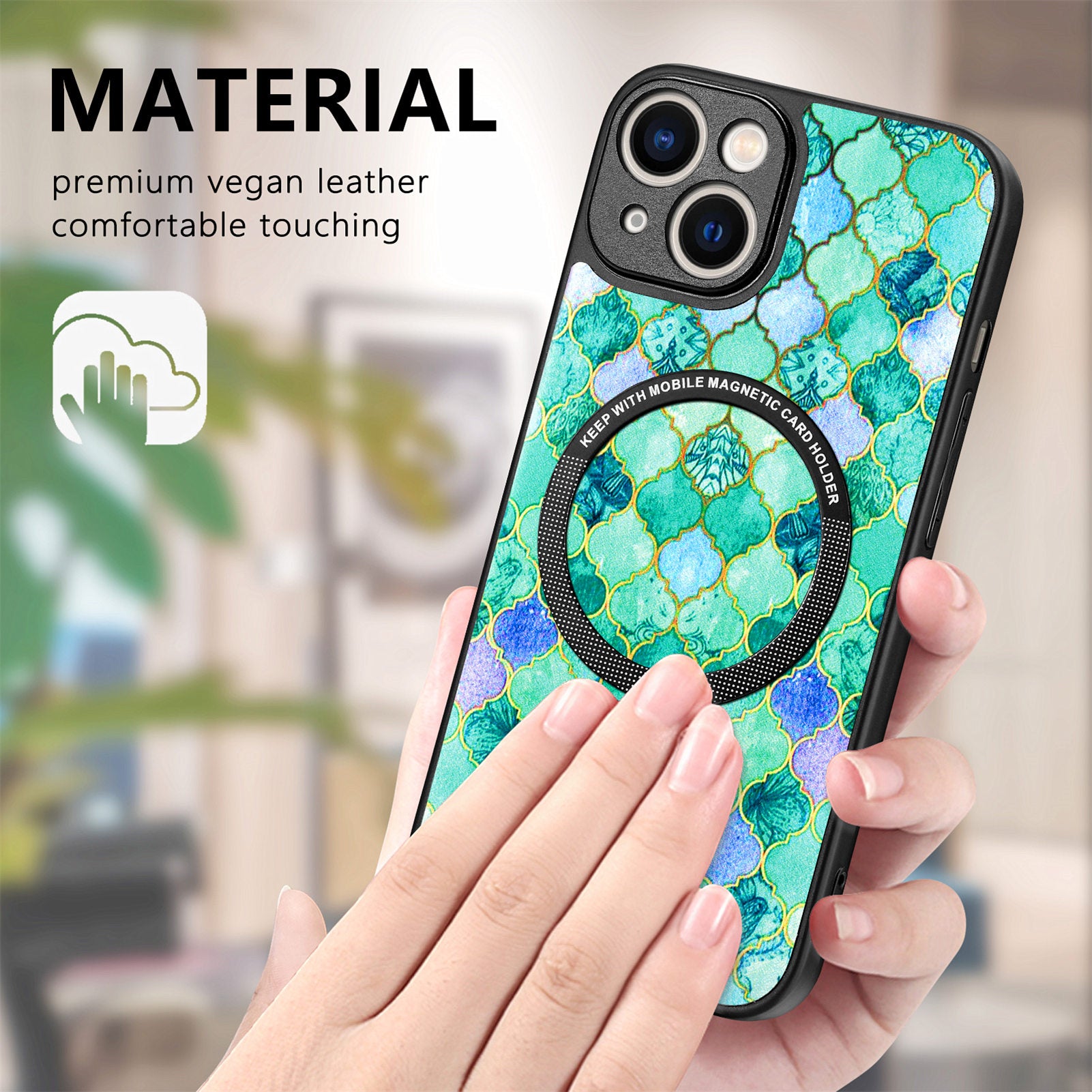 P1 For iPhone 13 Magnetic Case Pattern Printing Leather+TPU+PC Phone Cover