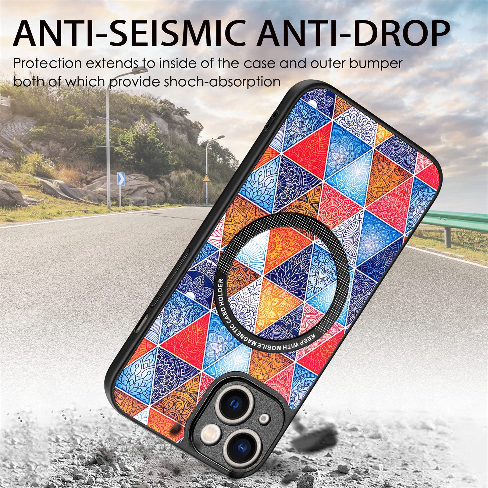 P1 For iPhone 13 Magnetic Case Pattern Printing Leather+TPU+PC Phone Cover