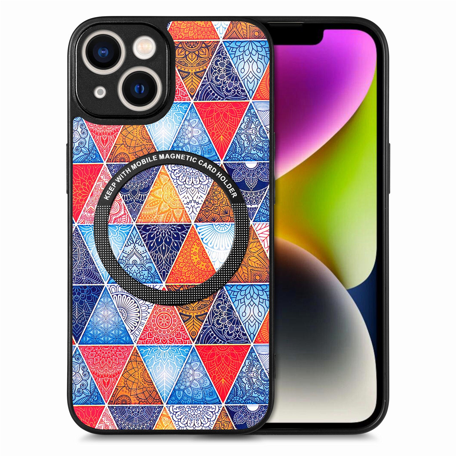P1 For iPhone 13 Magnetic Case Pattern Printing Leather+TPU+PC Phone Cover