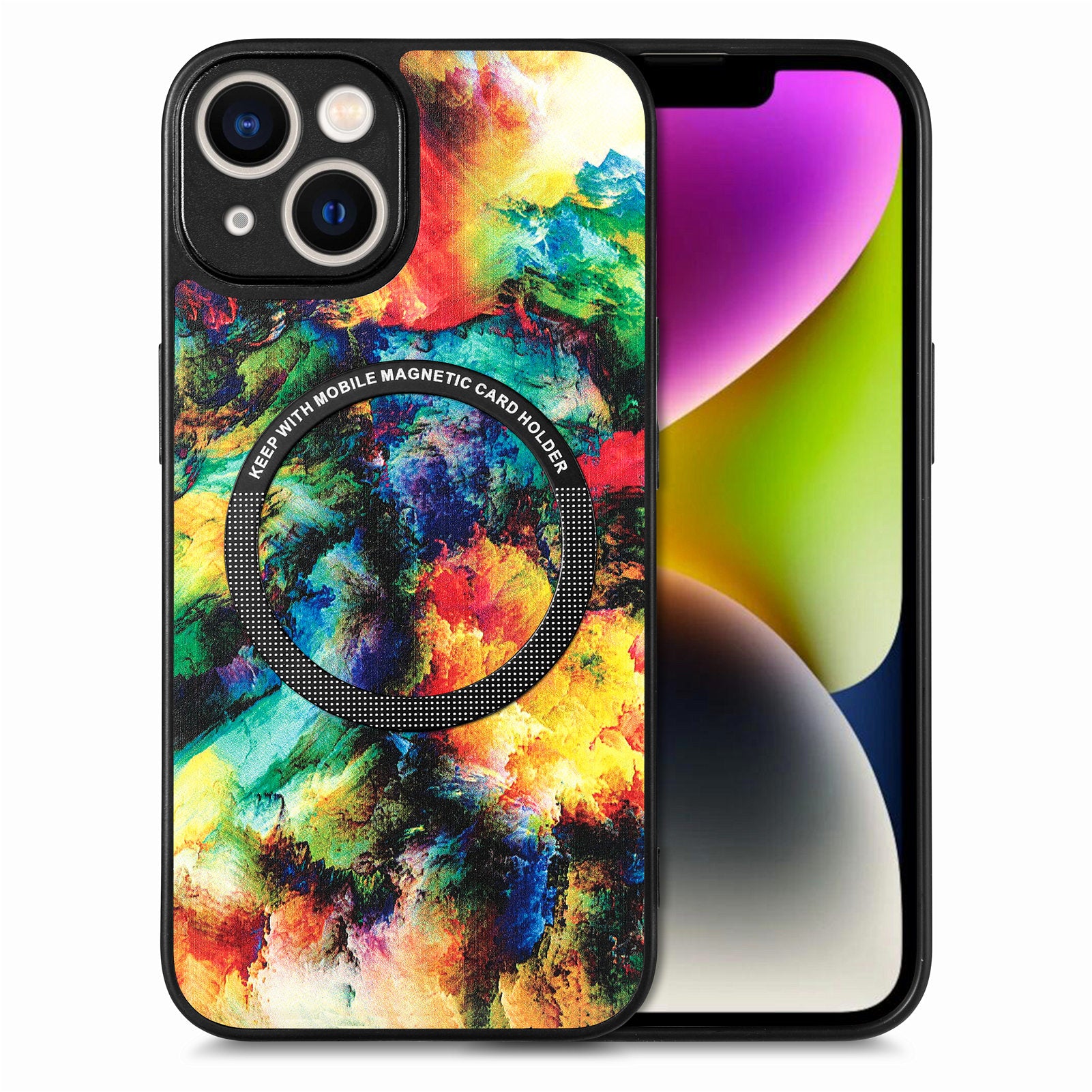 P1 For iPhone 13 Magnetic Case Pattern Printing Leather+TPU+PC Phone Cover