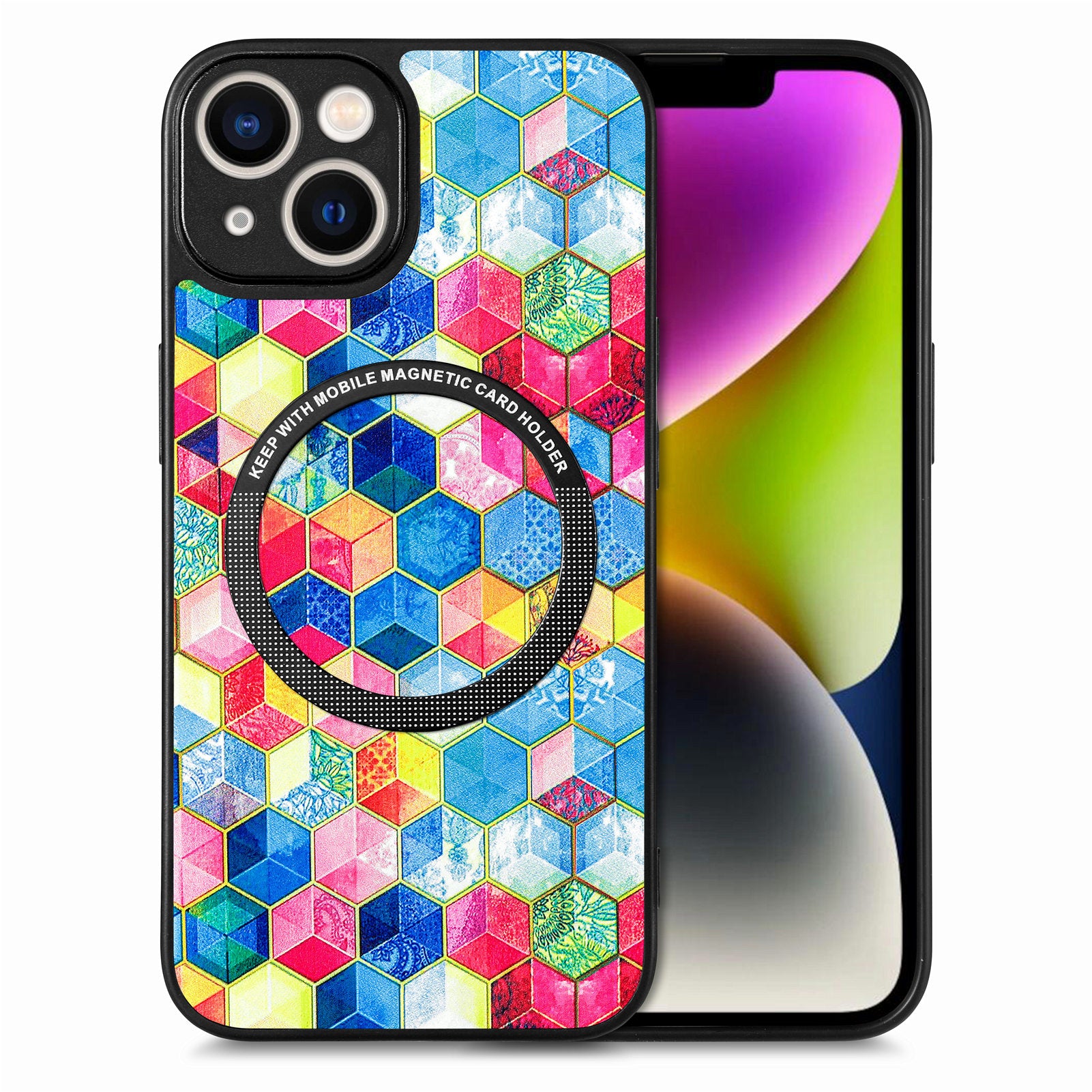 P1 For iPhone 13 Magnetic Case Pattern Printing Leather+TPU+PC Phone Cover