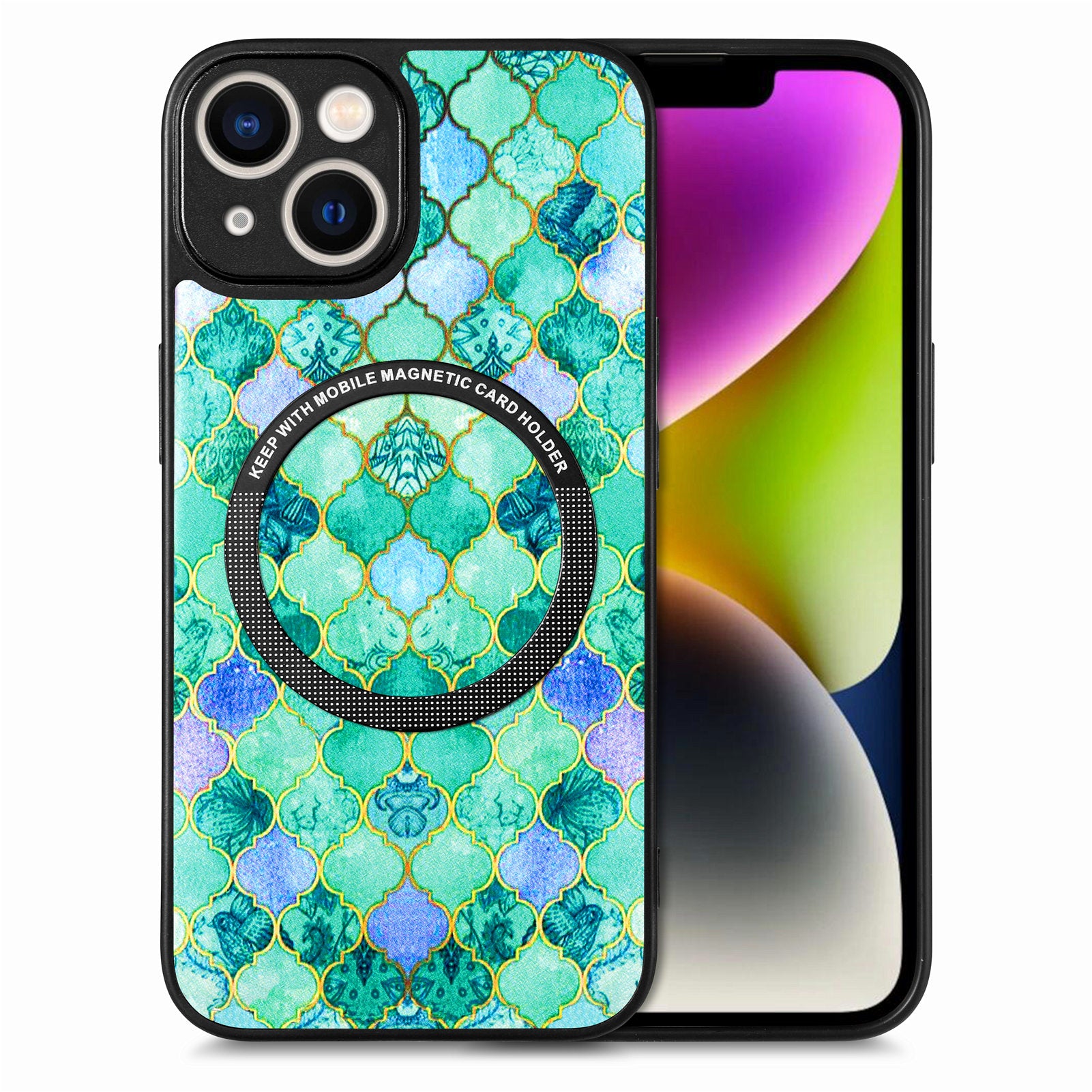 P1 For iPhone 13 Magnetic Case Pattern Printing Leather+TPU+PC Phone Cover
