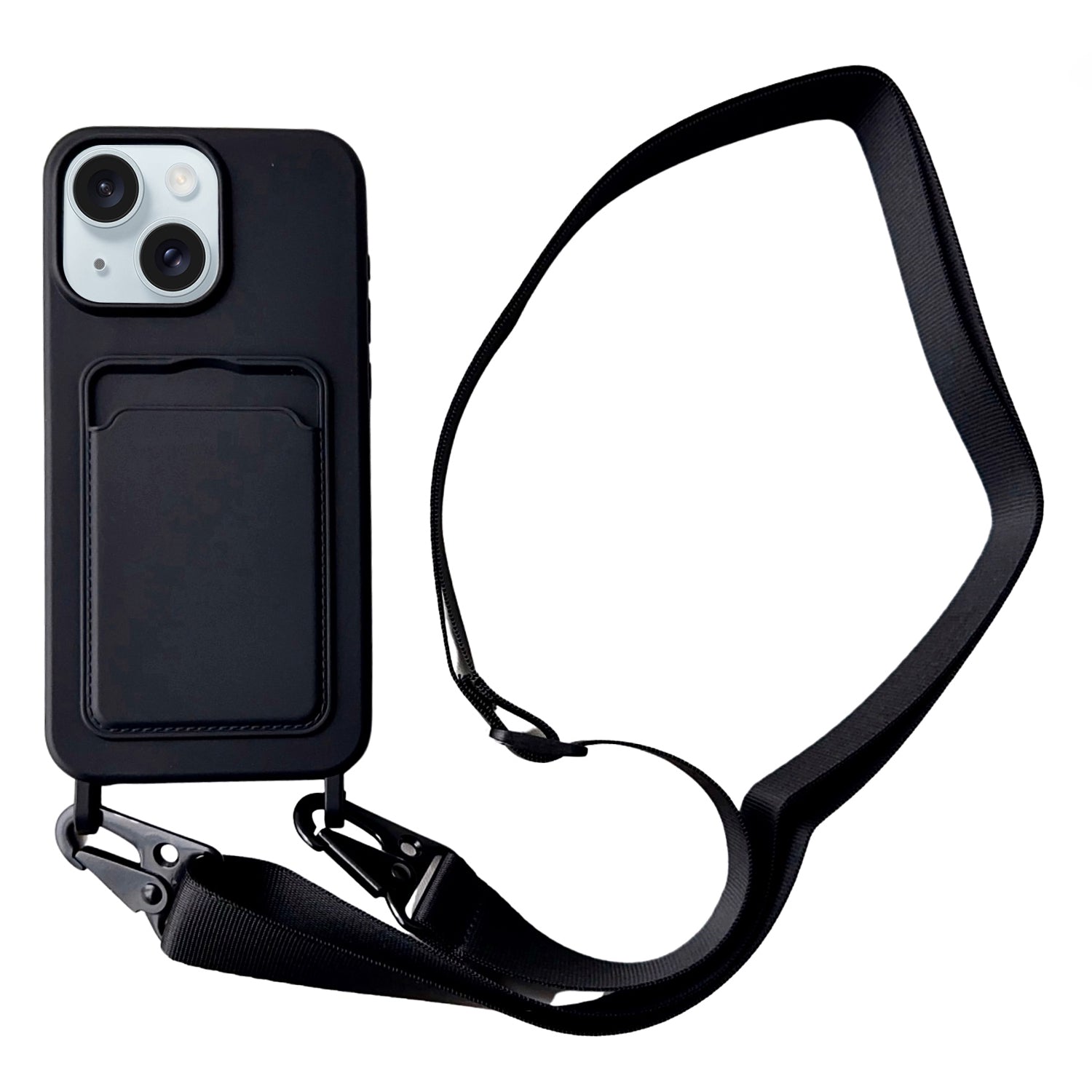 For iPhone 15 Liquid Silicone Case Card Slot Phone Cover with Adjustable Neck Cord