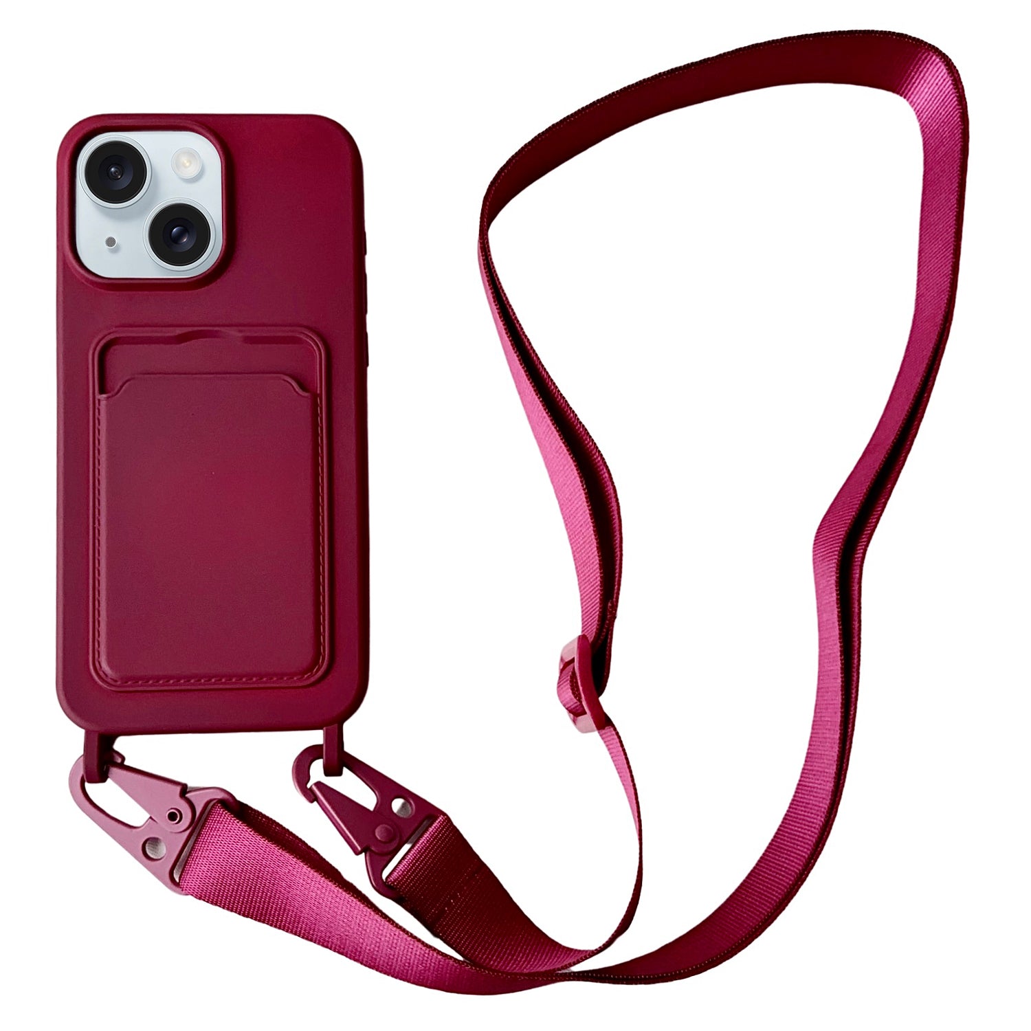 For iPhone 15 Liquid Silicone Case Card Slot Phone Cover with Adjustable Neck Cord