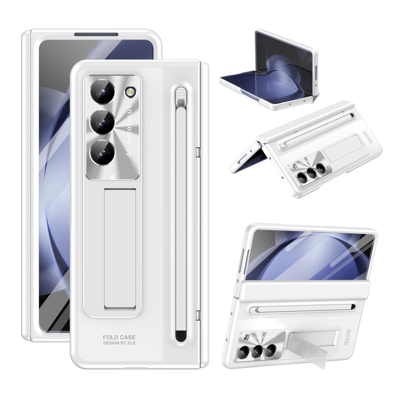 For Samsung Galaxy Z Fold5 5G Case Hinge PC Kickstand Phone Cover with Tempered Glass Film / Stylus