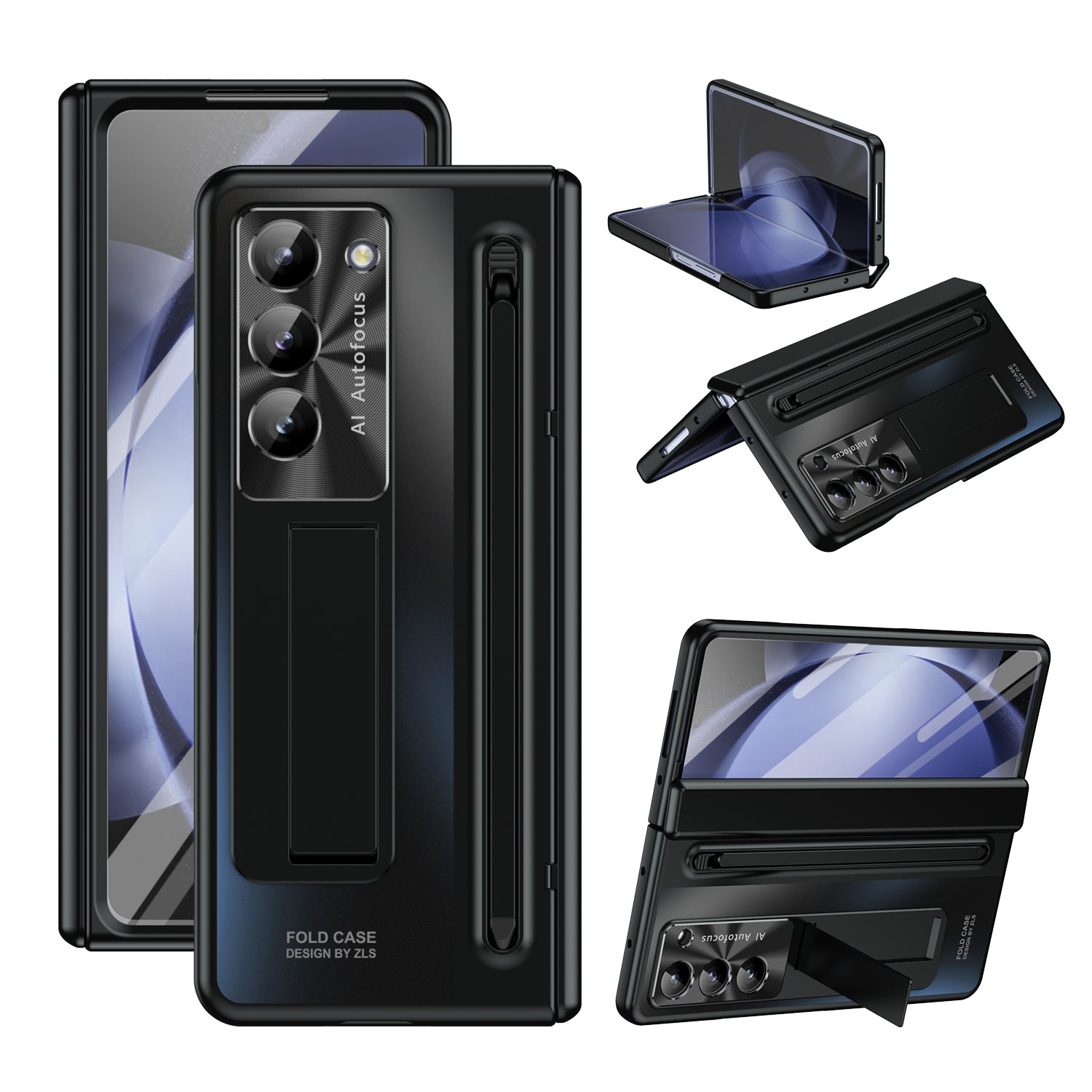For Samsung Galaxy Z Fold5 5G Case Hinge PC Kickstand Phone Cover with Tempered Glass Film / Stylus