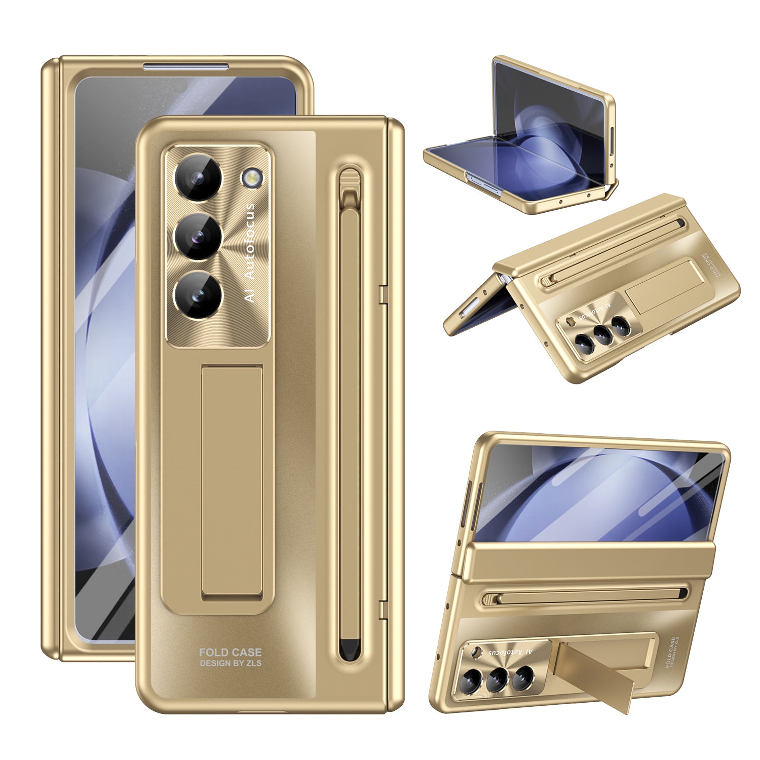 For Samsung Galaxy Z Fold5 5G Case Hinge PC Kickstand Phone Cover with Tempered Glass Film / Stylus