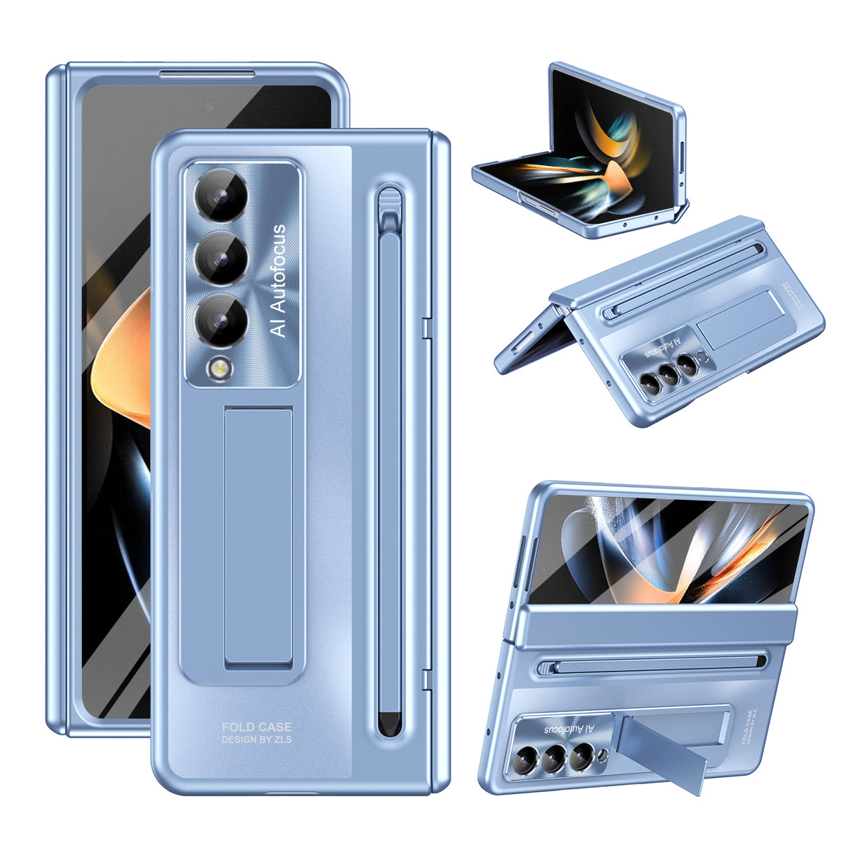 For Samsung Galaxy Z Fold4 5G Kickstand Case Hinge PC Phone Cover with Tempered Glass Film, Stylus